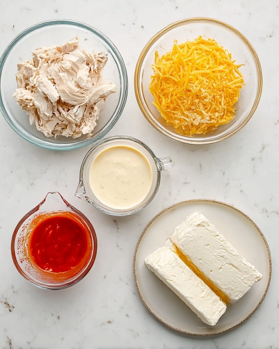 The image shows five bowls and a plate arranged on a white marbled table. On the top left is a clear bowl filled with light-colored shredded chicken. Next to it on the top center is a clear bowl filled with bright yellow shredded cheese. On the top right is a clear measuring cup with creamy white dressing. On the bottom left is a clear measuring cup filled with bright red hot sauce. In the center bottom is a white plate holding two thick blocks of white cream cheese. The colors and textures of each ingredient are clear and distinct. photo taken with an iphone --ar 4:5 --v 7