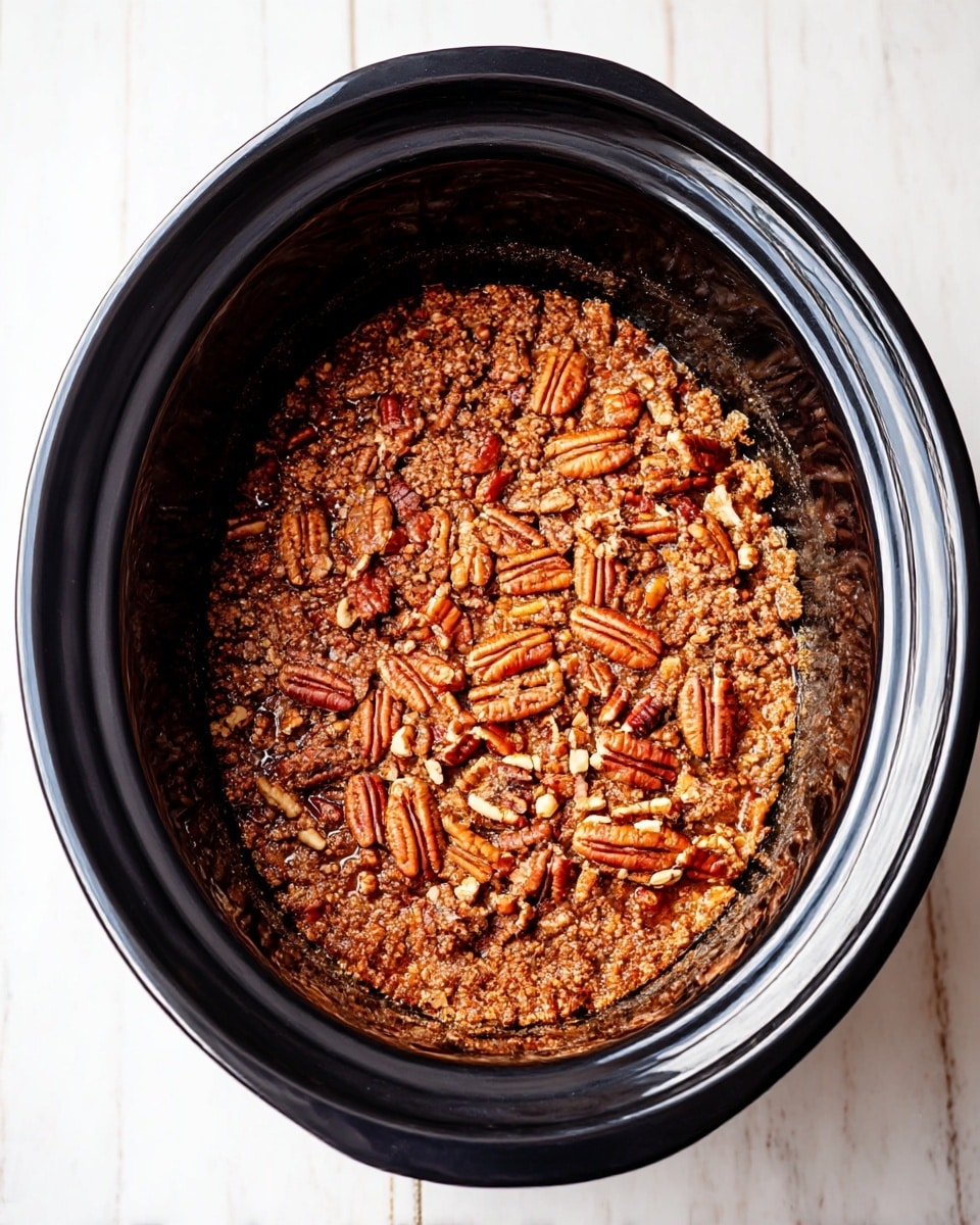 The image shows a black slow cooker filled with a single visible layer of a rich, brown crumbly mixture with chopped pecans scattered on top, sitting on a white marbled surface. The mixture has a slightly oily shine and a rough texture, with pecan pieces showing varied shades of brown and caramel. The slow cooker’s glossy black rim frames the warm-toned mixture inside. photo taken with an iphone --ar 4:5 --v 7