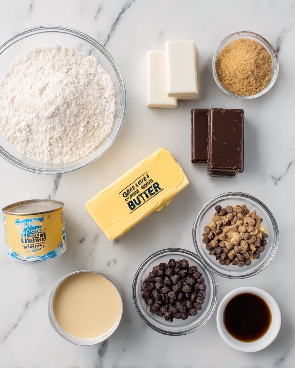 The image shows seven ingredients arranged neatly on a white marbled surface. There is a clear glass bowl filled with white flour on the top left and another clear glass bowl with light brown sugar on the top right. In the center top there are two white and two dark brown rectangular blocks placed close together. Below them is a block of yellow butter labeled