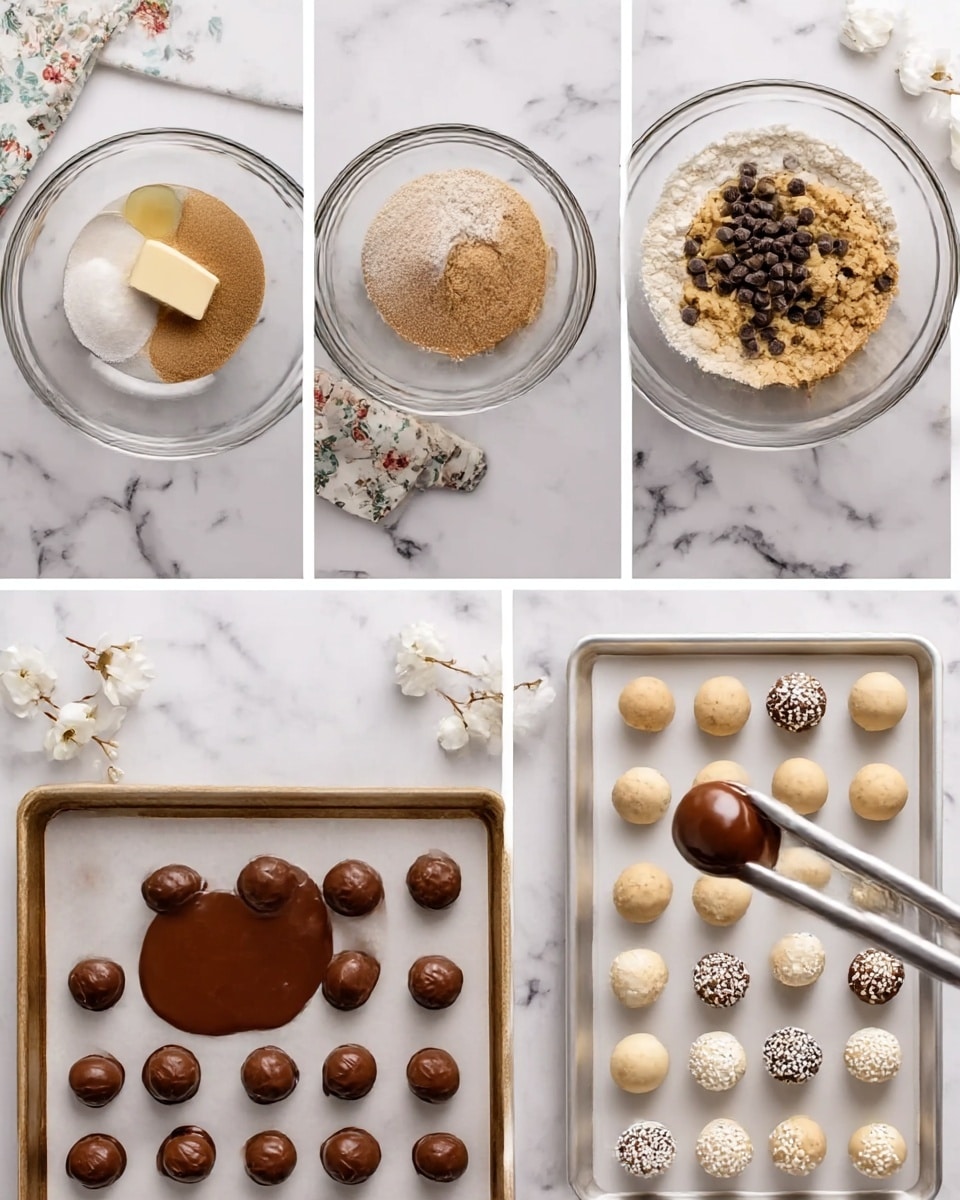 The images show the step-by-step process of making chocolate-dipped cookie balls. The first image has a clear glass bowl on a white marbled surface with light brown sugar, a block of butter, and a drop of vanilla inside it, with a floral cloth nearby. The second image adds dry ingredients like flour and what looks like brown sugar or peanut butter to the same bowl. The third image shows the dough mixed with chocolate chips added on top. The fourth image displays a baking tray lined with parchment paper holding 29 round dough balls evenly spaced. The fifth image shows a pair of tweezers holding a cookie ball dipping into a bowl filled with melted dark brown chocolate, with some white floral decorations nearby. The sixth image shows the dipped cookie balls arranged in neat rows on a white tray; some balls are fully covered with chocolate, some are white, and others have small sprinkles on top. The entire scene is on a white marbled surface, showing each stage of preparation clearly. photo taken with an iphone --ar 4:5 --v 7