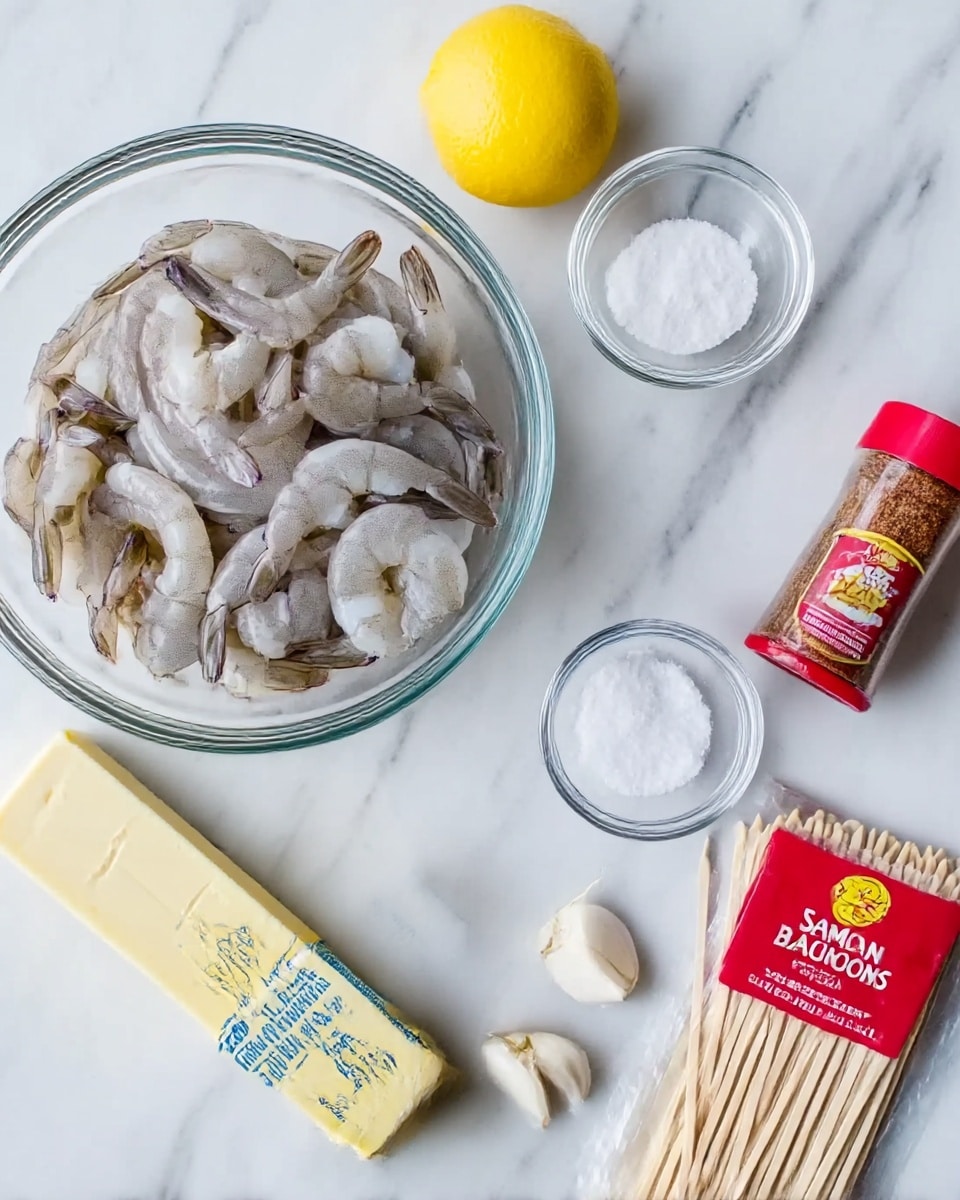 A clear glass bowl filled with raw, peeled shrimp showing shades of gray and white, placed on a white marbled surface. Next to the bowl, a stick of butter wrapped in paper with blue text sits flat. Nearby are three peeled garlic cloves, a lemon showing bright yellow color, a small clear bowl containing white salt, a red seasoning container marked McCormick Cajun spices, and a package of bamboo skewers with a red label. All items are arranged neatly on the white marbled surface. Photo taken with an iphone --ar 4:5 --v 7