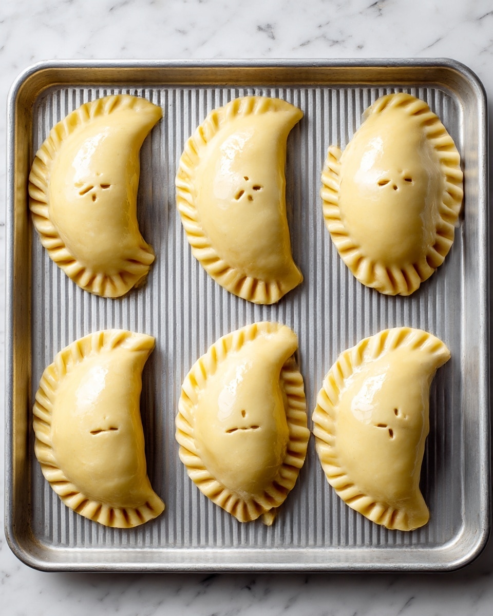 The image shows six uncooked empanadas placed evenly on a metal baking tray. Each empanada is a half-moon shape with a pale yellow, smooth dough exterior and a crimped edge that creates a ruffled pattern along the curved side. The tops of the empanadas are shiny, likely brushed with egg wash, and each has three small fork marks in the center for venting. The tray has a textured, ridged surface. The background is a white marbled texture photo taken with an iphone --ar 4:5 --v 7