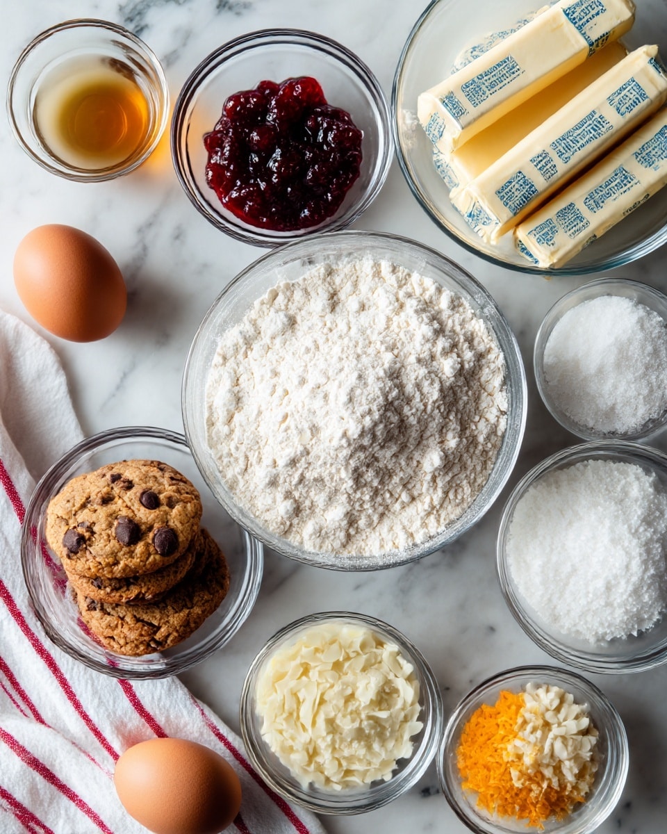 A clear glass bowl in the center filled with white flour, surrounded by several smaller clear glass bowls containing dark red jam, white slivered almonds, white powdered sugar, and bright orange zest. To the top right, three sticks of butter wrapped in paper with blue markings are placed on a white marbled surface. Towards the left, a brown egg rests on a white cloth with red stripes. There are also three chocolate chip cookies stacked near the smaller bowls, along with a small clear glass filled with liquid vanilla extract and a larger clear glass bowl filled with white granulated sugar. The background is a white marbled texture photo taken with an iphone --ar 4:5 --v 7