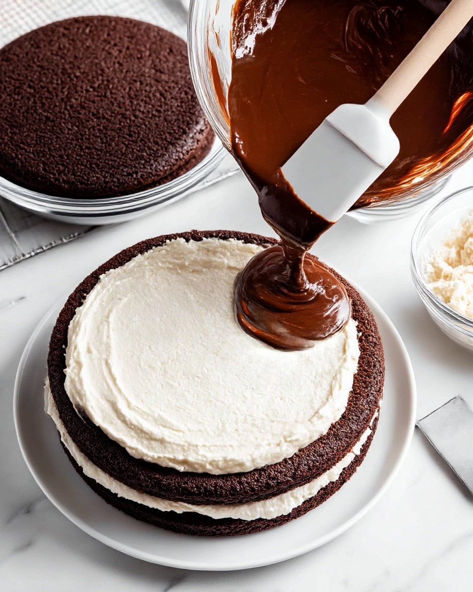 The image shows a close-up of a two-layer chocolate cake in progress on a white plate over a white marbled surface. The first layer is a dark brown chocolate cake with a smooth white cream layer spread evenly on top. Next to it, a second chocolate cake layer is placed, and thick, glossy chocolate ganache is being poured over it from a clear bowl using a white spatula, creating a rich shiny texture on the top layer. The whole setup includes a frosting spatula and bowls of remaining ingredients nearby. Photo taken with an iphone --ar 4:5 --v 7
