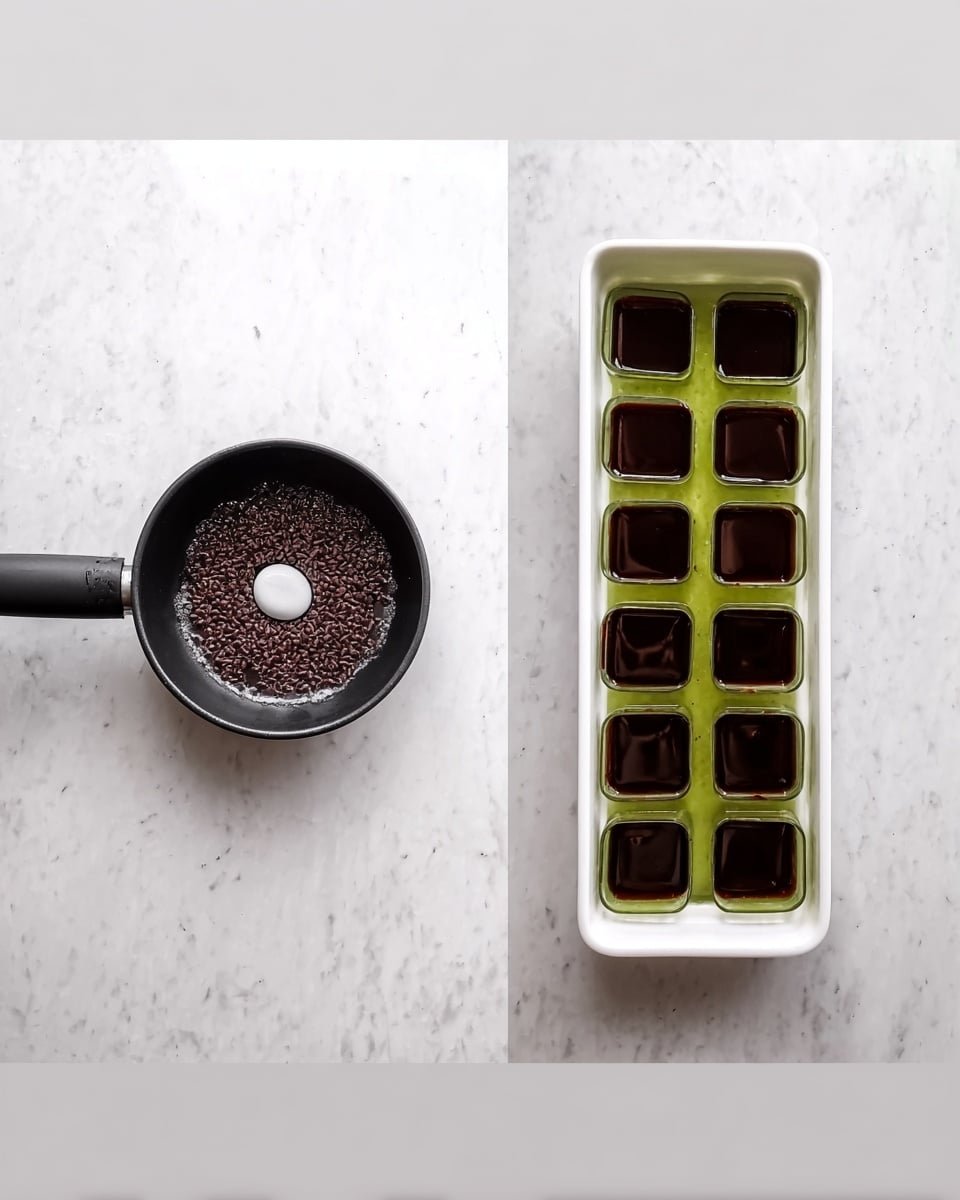 The first image shows a small black pan on a white marbled surface with a large number of small dark brown pieces inside, along with one white round solid piece in the center. The second image shows a white rectangular ice cube tray on a white marbled surface filled with a green liquid at the bottom of each section, topped with a thick layer of dark brown liquid covering most sections evenly. Photo taken with an iphone --ar 4:5 --v 7