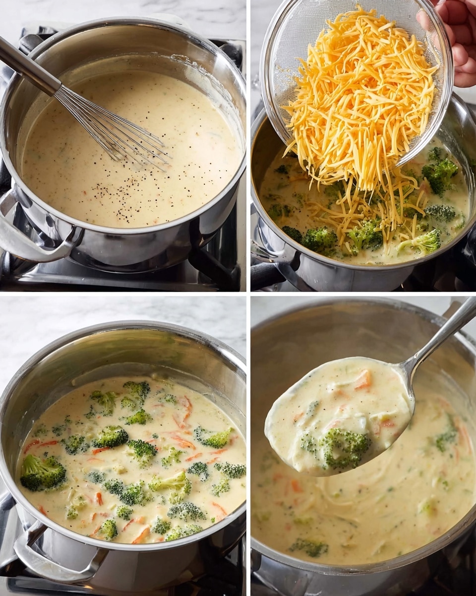 A creamy soup cooking in a silver pot is shown in four steps: the first layer is a smooth, light beige sauce with black pepper specks and a metal whisk inside; the second layer includes small green broccoli florets and orange carrot pieces mixed into the creamy base, with a woman's hand lifting the pot lid; next, shredded yellow cheddar cheese is being poured from a clear bowl into the soup, blending with the broccoli and carrots; lastly, a spoonful of the thick, chunky soup shows the creamy texture with visible broccoli bits and orange carrot slices. The pot sits on a stove with a white marbled surface in the background photo taken with an iphone --ar 4:5 --v 7