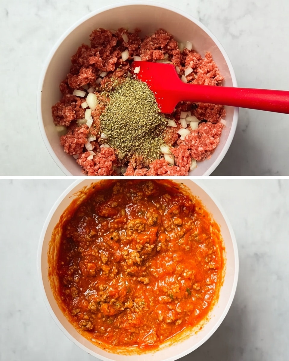The first image shows a white bowl filled with raw ground meat mixed with small chopped white onions and sprinkled with a pile of green spices in the center. A red silicone spatula is resting on top of the mixture, and the bowl sits on a white marbled surface. The second image shows the same white bowl now filled with thick, bright orange tomato sauce with visible small pieces of browned meat mixed in. Some sauce splashes can be seen on the inner sides of the bowl. photo taken with an iphone --ar 4:5 --v 7