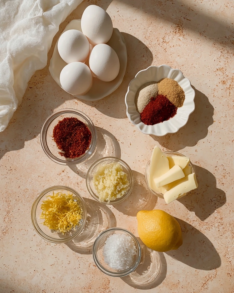 The image shows eight ingredients placed on a light beige textured surface with a white marbled look. At the top, there are four whole white eggs arranged in a loose cluster casting soft shadows. Below the eggs, a white shallow dish holds three spices: pale beige, reddish-brown, and dark red flakes. Next to it, slightly lower and to the right, is a small white scalloped bowl filled with finely grated pale yellow ginger. Further down, four small clear glass bowls are arranged in a loose diamond shape: the top bowl holds yellow lemon zest, the right one has reddish-brown ground spice, the bottom one shows three slices of pale yellow butter, and the left one has white granulated salt. To the right of these bowls is half a bright yellow lemon placed cut side up. A crumpled white cloth is at the very top left edge. The lighting is natural with soft shadows to the right, giving a fresh and clean feeling. Photo taken with an iphone --ar 4:5 --v 7