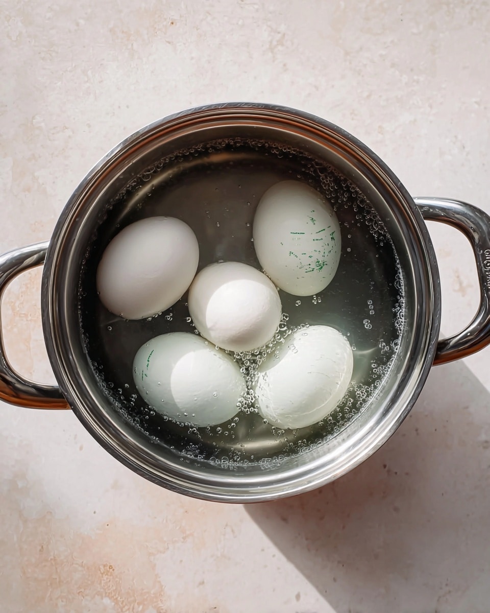 A stainless steel pot holds four white eggs fully submerged in clear water, with gentle bubbles around the edges suggesting they are boiling. The eggs show slight text and markings in green ink, and faint cracks are visible on at least one egg. The pot has two shiny handles and sits on a light-colored, white marbled textured surface. Steam rises softly from the water, giving a sense of heat. photo taken with an iphone --ar 4:5 --v 7