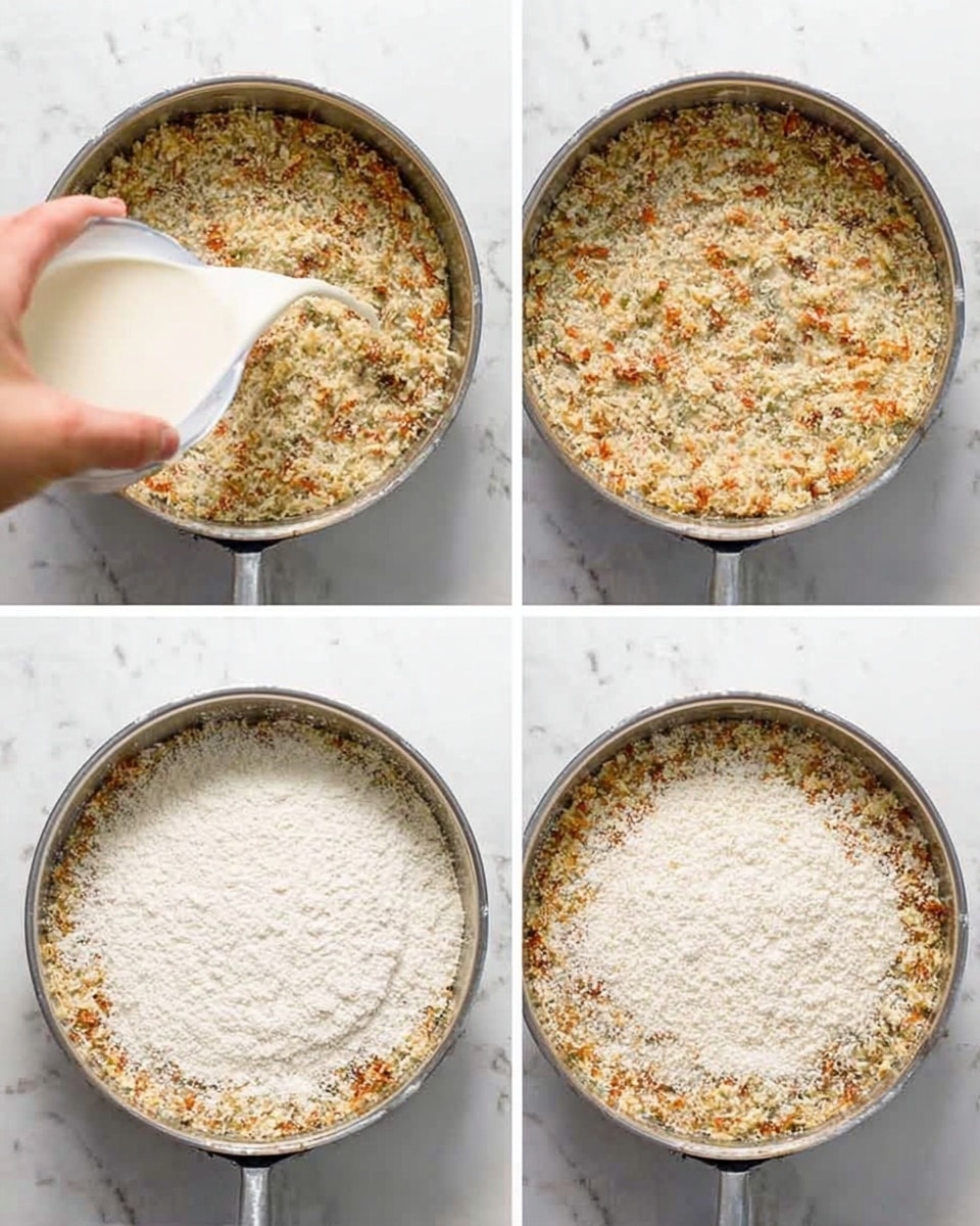 The image shows a three-step cooking process in a round steel pan placed on a white marbled surface. In the first part, a woman's hand is pouring a white creamy liquid over a mixture of finely chopped ingredients that have a light brown and beige color with small orange bits. The second part shows the pan filled with the same mixture now topped evenly with a thick layer of white powdery substance, which covers the ingredients underneath. In the last part, the mixture appears more combined and creamy, with a light beige color and small bits of orange visible throughout, filling the pan from edge to edge. The background remains a white marbled texture throughout all three parts. photo taken with an iphone --ar 4:5 --v 7