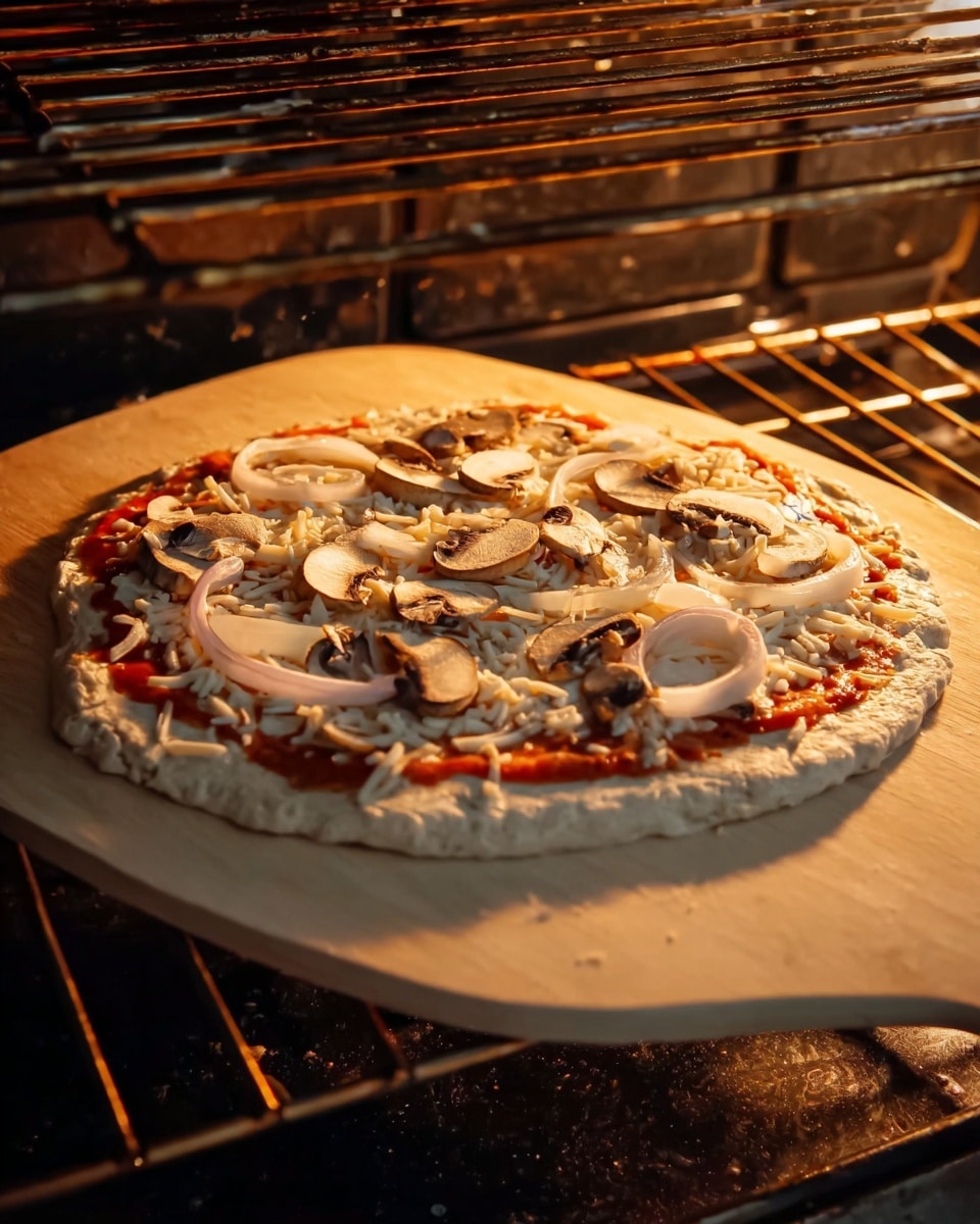 The image shows an uncooked pizza on a light wooden pizza peel inside an oven. The pizza has one main layer of white cheese scattered evenly over red tomato sauce, which covers the entire top of the small round dough base. On top of the cheese, there are sliced light brown mushrooms and translucent light yellow onion pieces spread across the pizza. The oven's metal racks and heating element are visible in the background. The overall color tone is warm due to the oven light, and the scene has a home kitchen feel. Photo taken with an iphone --ar 4:5 --v 7