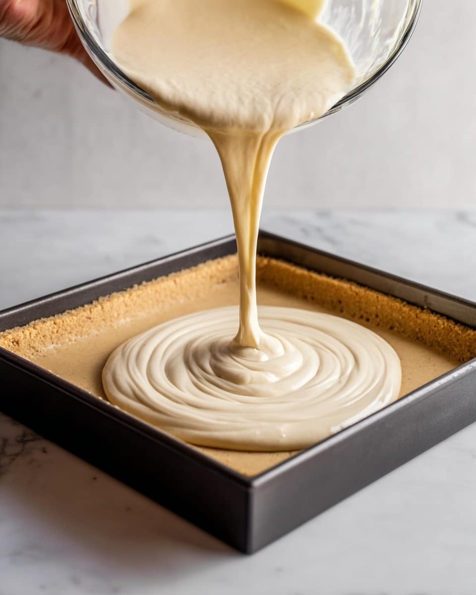 A baking pan filled with a light brown crust layer forms the base, with thick pale beige batter being poured in smooth circular swirls from a clear glass bowl held by a woman's hand above it. The batter is creamy and flowing, creating a spiral pattern as it lands on the crust inside the dark bake pan. All this is set on a white marbled surface with soft natural light highlighting the textures. Photo taken with an iphone --ar 4:5 --v 7