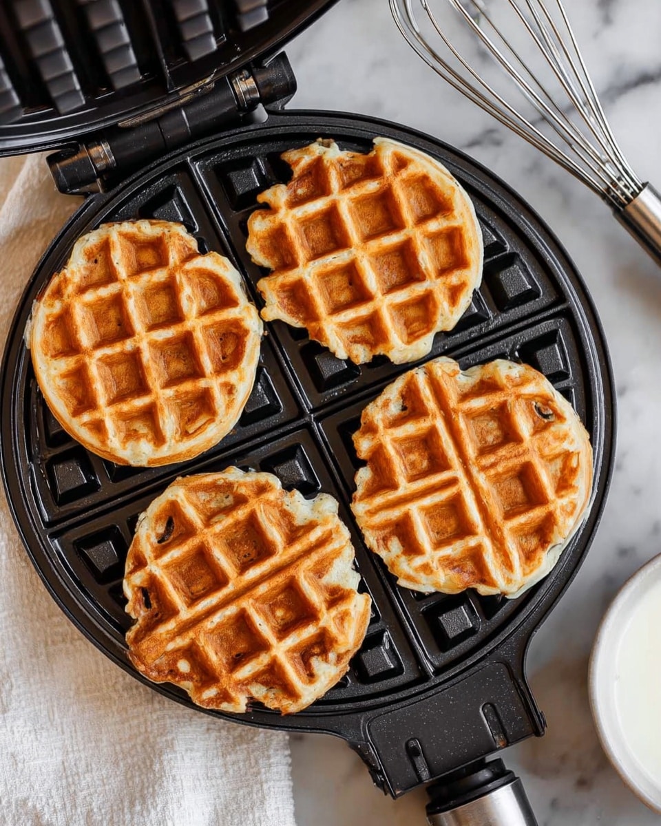 The image shows four small waffles cooking on a black waffle iron with four sections, each waffle a light golden brown with a crisp grid pattern. The waffles are unevenly shaped, slightly round and thicker in the middle, showing a textured surface that looks soft inside. The waffle iron rests on a white marbled surface, with a white cloth and a metal whisk placed nearby, and a small white bowl partly visible on the right side. The scene is casual and bright, highlighting the warm tones of the waffles and the clean background. photo taken with an iphone --ar 4:5 --v 7