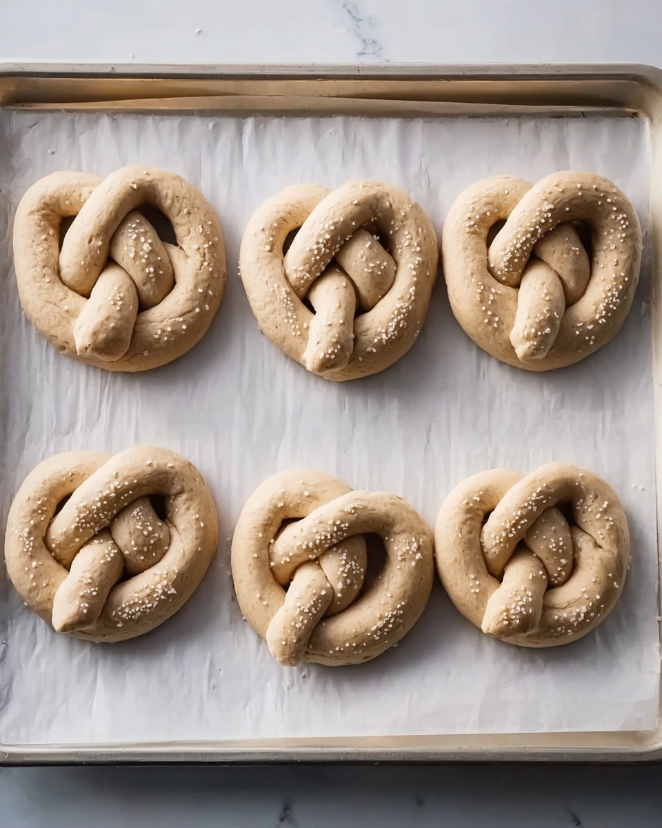 The image shows six uncooked pretzels arranged in two rows of three on a baking tray lined with white parchment paper. Each pretzel has a light beige dough color with a slightly smooth texture and a few sprinklings of coarse salt on top. The dough is twisted into the classic pretzel knot shape, and the surface beneath the tray is a white marbled texture. The lighting is soft and natural, highlighting the pretzels’ slightly uneven, homemade look. Photo taken with an iphone --ar 4:5 --v 7