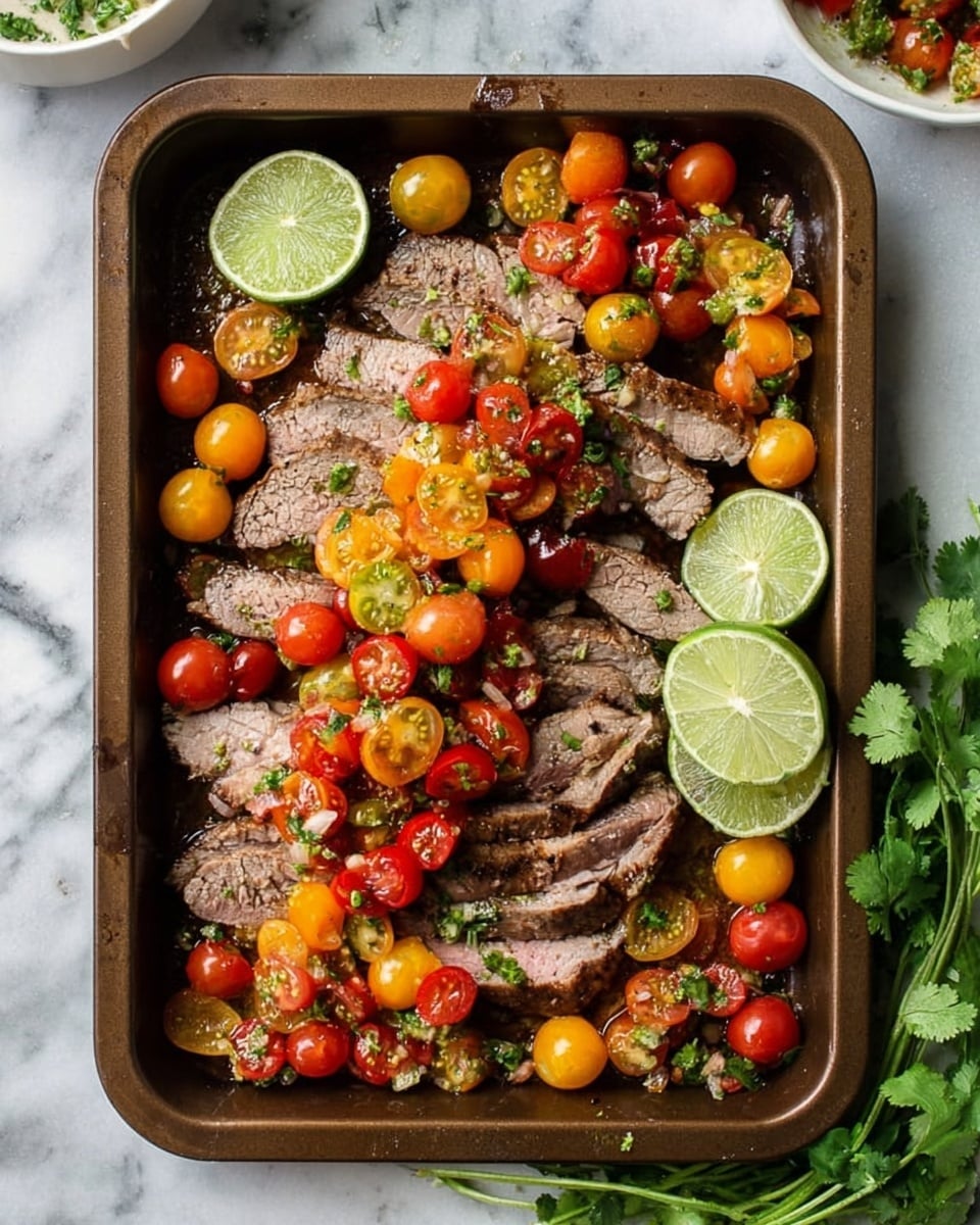 The image shows a brown rectangular baking tray filled with thin slices of cooked meat that have a slightly pink center and browned edges, covering most of the tray's surface. On top of the meat, there is a colorful layer of halved cherry tomatoes in red, orange, and yellow, mixed with small pieces of green herbs and finely chopped vegetables. Three lime wedges are placed around the meat, and two squeezed lime halves rest at the top right corner of the tray. Fresh green cilantro leaves are scattered mainly at the bottom right side of the tray. The tray sits on a white marbled surface with part of a white bowl visible on the top right edge. Photo taken with an iphone --ar 4:5 --v 7