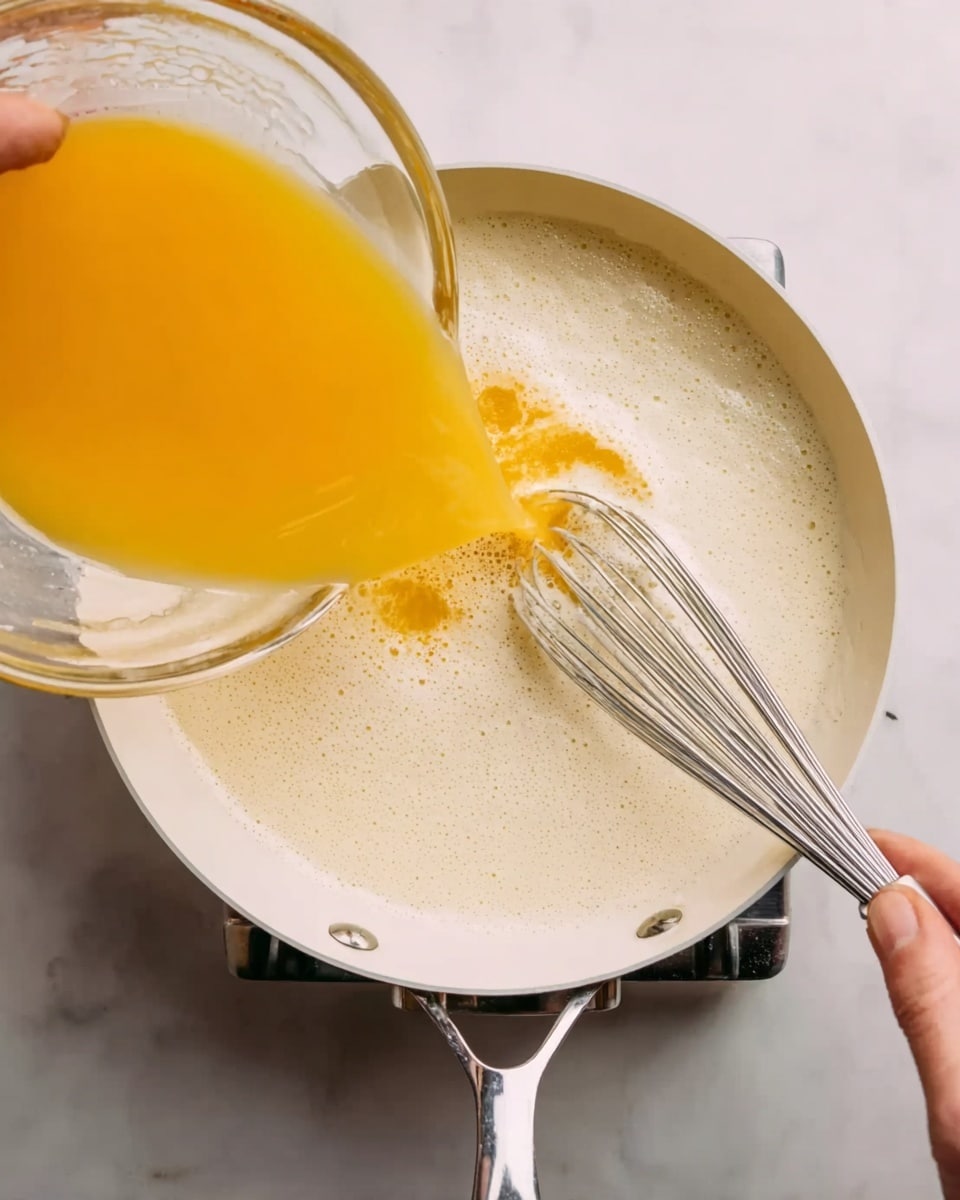 The image shows a close-up of a white pan on a white marbled surface with a foaming light cream liquid in it. A woman's hand is holding a glass bowl that pours a thick, orange-yellow liquid into the pan, blending with the creamy foam. Another woman's hand is holding a metal whisk in the pan, stirring the mixture. The scene focuses on the smooth pouring and mixing action, with a simple kitchen stove visible below the pan. photo taken with an iphone --ar 4:5 --v 7