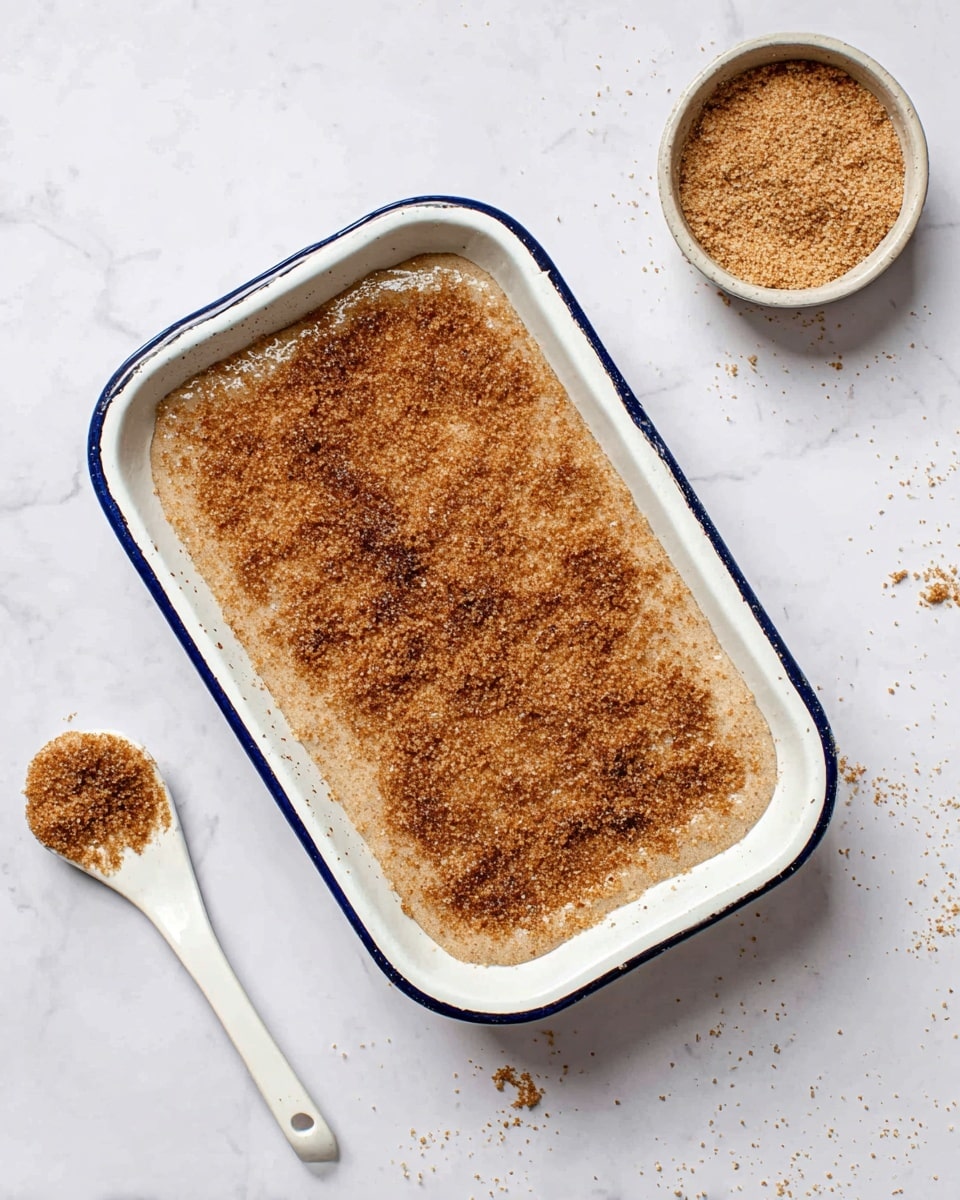A rectangular white dish with a thin blue rim holds a layer of light brown batter or dough spread evenly, topped with a generous sprinkle of coarse brown sugar that gives a slightly bumpy texture. Next to the dish on the white marbled surface is a white ceramic spoon with some brown sugar on it, and a small round bowl filled with the same coarse brown sugar is placed nearby. The scene is clean and bright with a subtle shadow around the dish. photo taken with an iphone --ar 4:5 --v 7