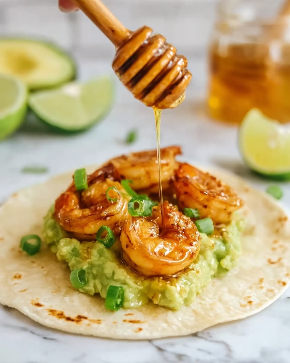 A close-up view of a white tortilla on a white marbled surface, topped with a thick layer of chunky green guacamole spread evenly across the base. On top of the guacamole, there are two large, shiny cooked shrimp with an orange and golden glaze, each garnished with small pieces of chopped green onions. Above the shrimp, a wooden honey dipper held by a woman's hand is dripping golden honey onto the shrimp. In the blurred background, there is a small clear jar of honey and some lime wedges. The overall setting is brightly lit and fresh looking, photo taken with an iphone --ar 4:5 --v 7