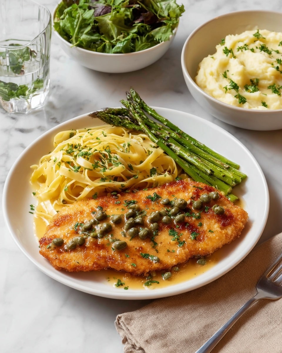 A white plate holds two golden brown crispy fillets covered with a light sauce, topped with small green capers and sprinkled with chopped parsley. To the right of the fillets, there is a small bunch of bright green roasted asparagus spears. Above the fillets, there is a nest of light yellow pasta with a smooth texture, garnished with bits of green herbs. In the background, two white bowls sit on a white marbled surface: the left bowl is filled with fresh green leafy salad, and the right bowl has creamy mashed potatoes topped with small green herb pieces. A beige napkin and a silver fork rest near the bottom right corner. Photo taken with an iphone --ar 4:5 --v 7