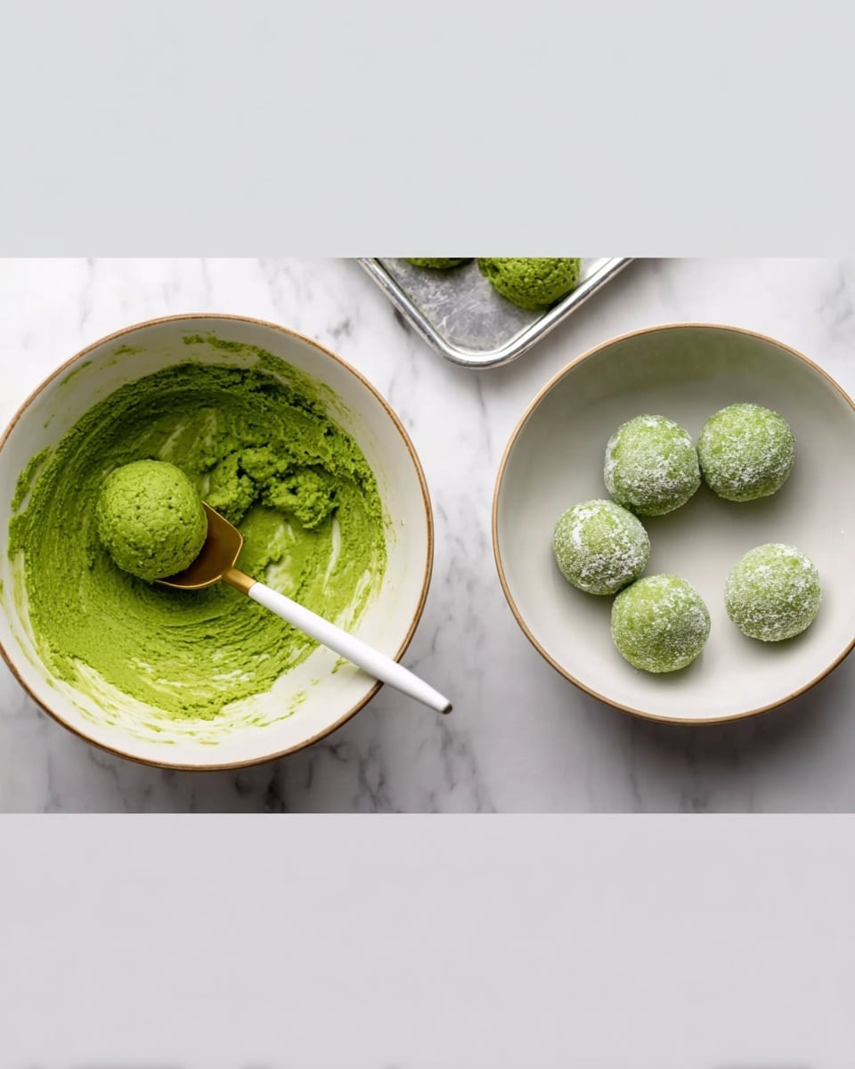 The image shows two frames side by side on a white marbled surface. On the left is a white bowl with light brown rims filled with thick, bright green dough, textured softly but thick, with a gold and white spatula resting inside. On the right, there is a white bowl with light brown rims containing four green dough balls, three rolled in white sugar creating a rough texture, and one smooth rolling next to them. A silver tray holds more sugar-covered green dough balls in the background. The colors are mainly green with white and light brown details. photo taken with an iphone --ar 4:5 --v 7