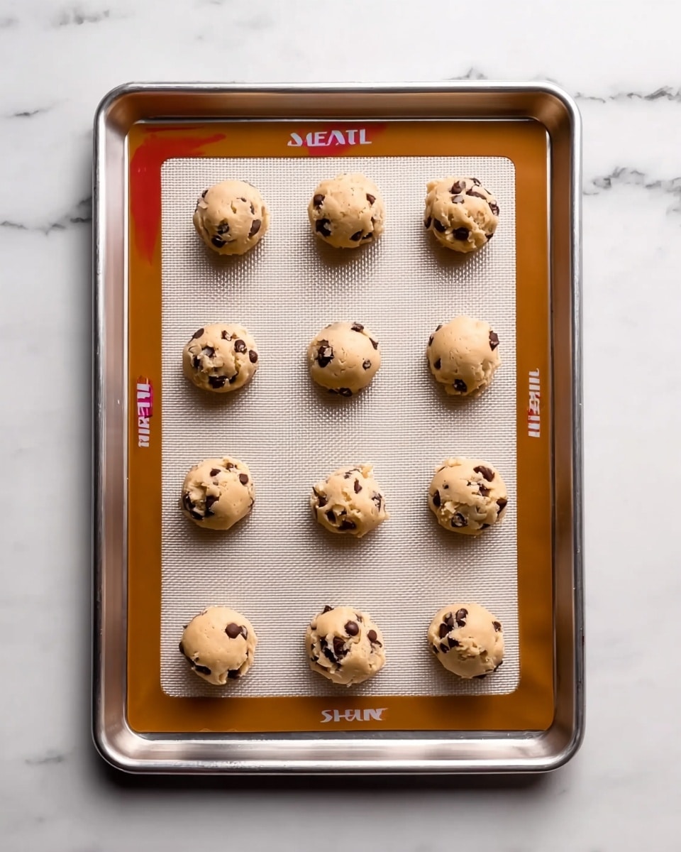 A metal baking tray with a white silicone silicone mat holds nine evenly spaced raw cookie dough balls. Each dough ball is light tan with visible dark chocolate chips and small white chunks, arranged in three rows of three. The tray is on a white marbled surface. The scene is bright and simple, focusing on the dough balls before baking. Photo taken with an iphone --ar 4:5 --v 7