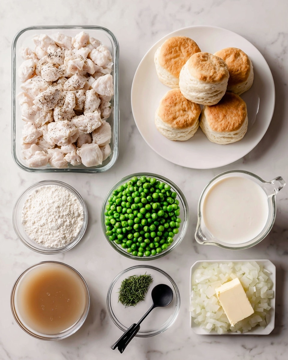 The image shows a white marbled surface with eight containers and a plate arranged neatly. On the top left is a clear rectangular glass container filled with small white cooked chicken pieces with black pepper. To its right, there is a white round plate holding five golden brown biscuits stacked and touching each other. Next to the biscuits on the top right is a clear glass measuring cup filled with white half-and-half cream. On the bottom row from left to right, there is a small transparent plastic container with white flour, followed by another container holding light brown chicken stock, then a container full of bright green peas. Next is a small black measuring spoon filled with green tarragon, a rectangular piece of butter placed on the white surface, and on the far right, a clear glass bowl containing chopped white onions. The whole scene is clean and well-organized with soft natural light. Photo taken with an iphone --ar 4:5 --v 7
