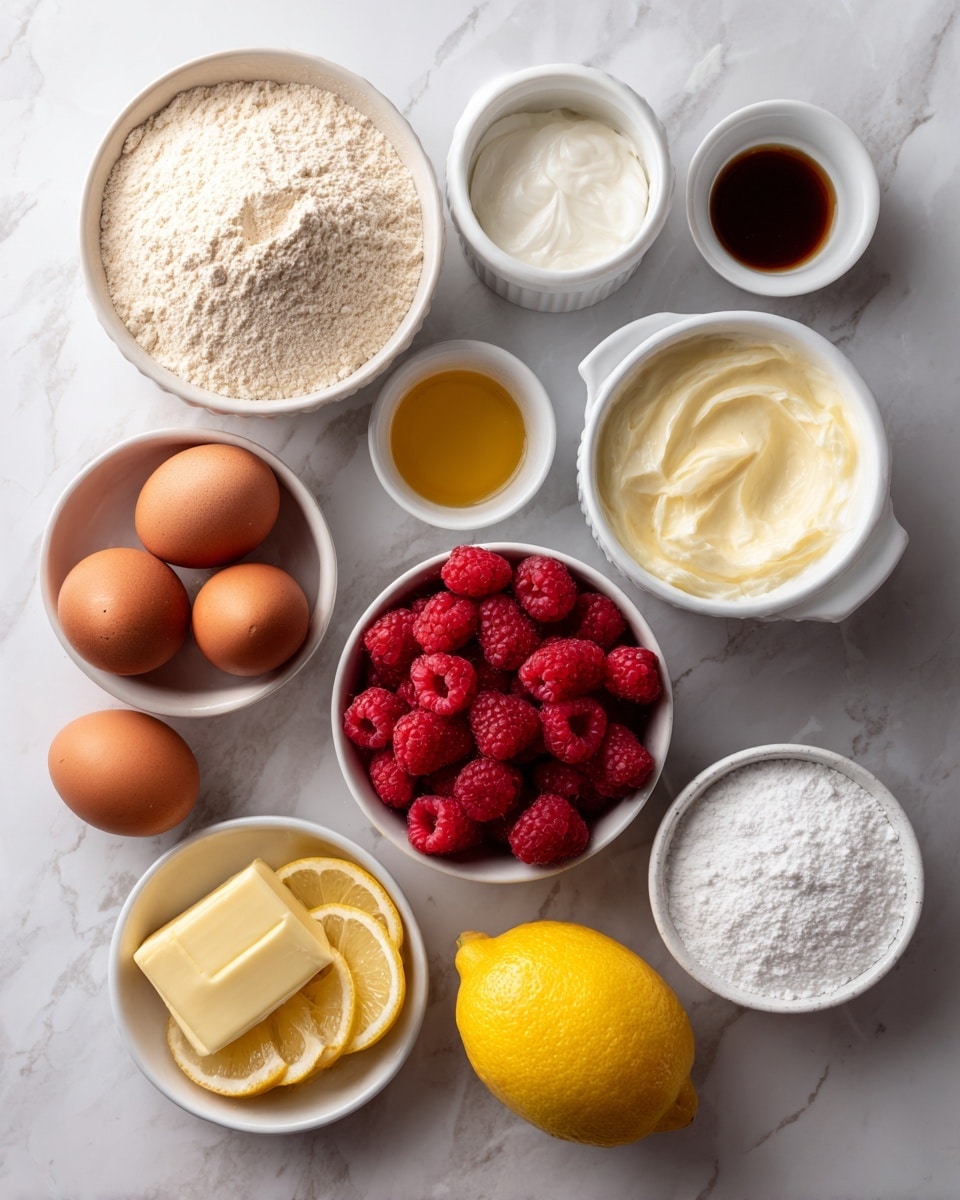The image shows a white marbled surface with nine ingredients arranged neatly. On the top left is a white bowl filled with light beige flour. Next to it on the right is a white ramekin holding white cream. Below these, starting from the left, there is a small white bowl with white powder, likely baking powder or sugar, a small white container with a golden liquid, a white bowl filled with fresh red raspberries, and a small bowl containing a yellow stick of butter. At the bottom left, there are three brown eggs placed next to a small bowl with thin lemon slices. Near the eggs in the center is a small container with a dark liquid, possibly vanilla extract. Lastly, on the bottom right corner sits a whole bright yellow lemon and a white bowl filled with white powdered sugar. Photo taken with an iphone --ar 4:5 --v 7