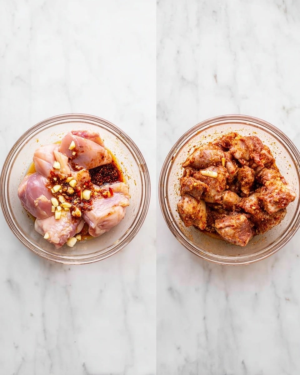 Two round glass bowls on a white marbled surface. The left bowl contains raw chicken pieces with minced garlic, a splash of dark sauce, and red seasoning visible on and around the chicken, showing a light pink and white texture of raw meat. The right bowl shows the same chicken pieces now mixed well, coated evenly with the red and dark brown seasoning, creating a rough texture on the chicken skin. The bowls sit directly on the smooth white marbled background. photo taken with an iphone --ar 4:5 --v 7