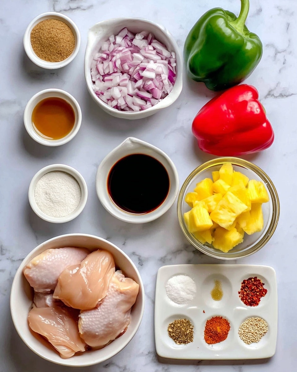 A flat lay image shows ingredients for a recipe arranged on a white marbled surface. There is a white bowl in the bottom left containing three pieces of raw chicken with smooth light pink skin. Above it is a small white bowl filled with roughly chopped red onions showing light purple and white layers. To the right is a small clear glass bowl filled with bright yellow pineapple chunks. Next to it are two bell peppers: one green and one red, both whole except the red one is half cut open showing the hollow inside. Above these bowls are three small white ramekins: one with light brown powder labeled brown sugar, one with dark liquid labeled soy sauce, and one with white powder labeled cornstarch. Next to the brown sugar bowl is another white ramekin containing honey that looks smooth and golden. Near the center top is a small white plate divided into four sections holding light brown seasoning powder, red chili flakes, white sesame seeds, and chopped garlic. The whole image has a bright natural light and clear focus. Photo taken with an iphone --ar 4:5 --v 7