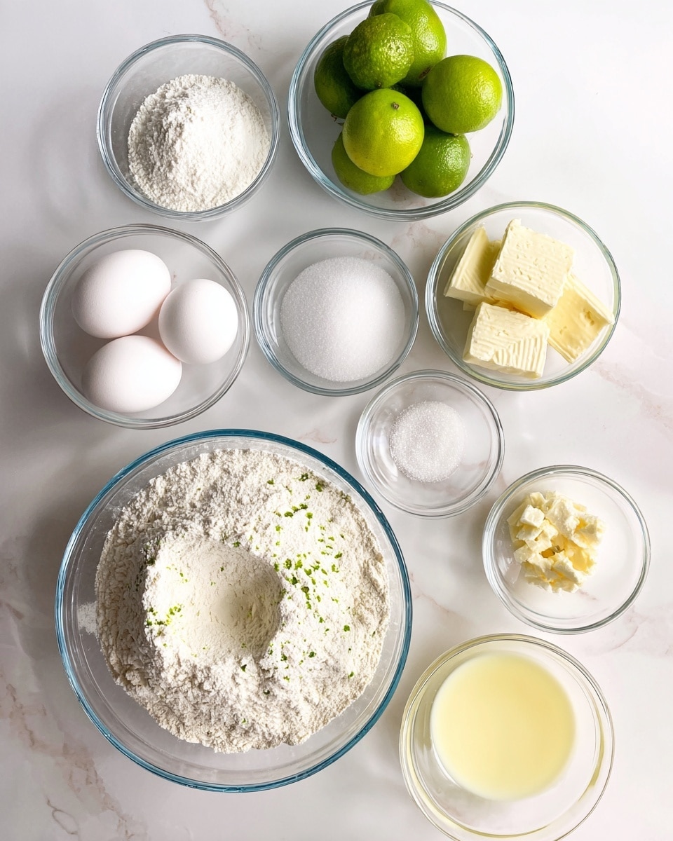A collection of clear glass bowls arranged on a white marbled surface, each filled with different baking ingredients. In the center, a large bowl holds a mixture of white flour with tiny green specks and a small indentation in the flour. Surrounding it are smaller bowls: one with white granulated sugar, one with five whole white eggs, one with pale yellow butter chunks, one with several whole green limes, one with a small amount of white powder and granulated sugar, one with a light yellow liquid, and another with creamy white liquid. The setup is bright and clean, showing distinct textures and colors of each ingredient. Photo taken with an iphone --ar 4:5 --v 7