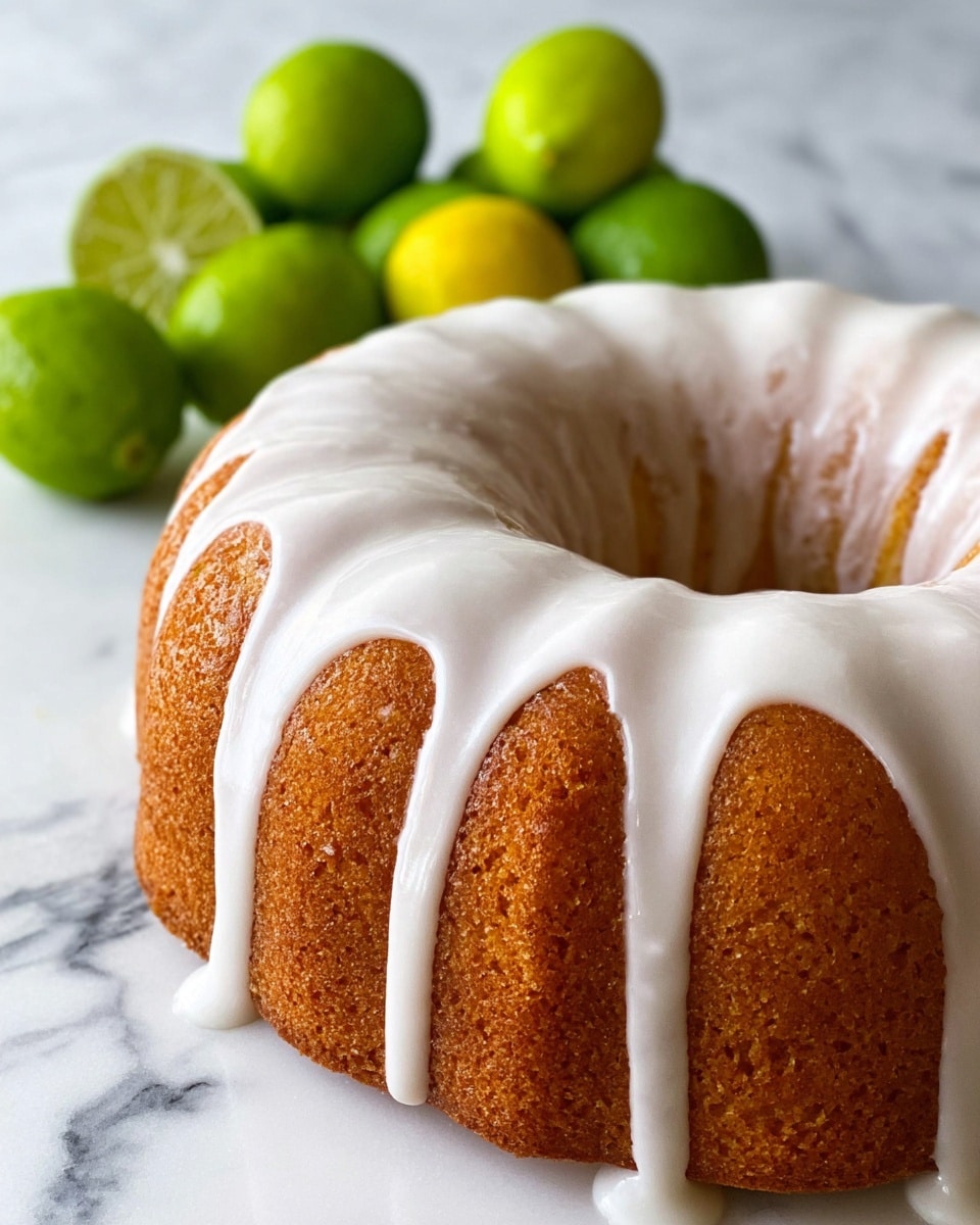 A round bundt cake sits on a white marbled surface with smooth, thick white icing dripping evenly down its golden brown textured sides, creating soft, rounded edges where the glaze falls. The cake has ridges from the bundt pan that remain visible beneath the icing. In the background, there is a small bunch of bright green limes with slight yellow patches, arranged casually, contrasting with the cake's warm and cool tones. Photo taken with an iphone --ar 4:5 --v 7