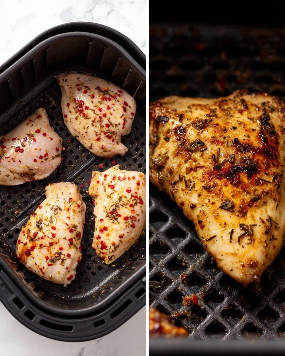 The image shows two close-up views of chicken cooking in a black air fryer basket. On the left side, three raw chicken pieces are in the basket, light pink with visible seasoning of red flakes and herbs spread unevenly on their surface. The basket has a grid pattern and is surrounded by a black frame, showing some grease spots under the chicken. On the right side, a close-up of one cooked chicken piece, golden brown with darker charred spots and specks of black pepper and red seasoning on the surface, sits in the same black basket with a textured grill bottom. The background is a white marbled texture. photo taken with an iphone --ar 4:5 --v 7