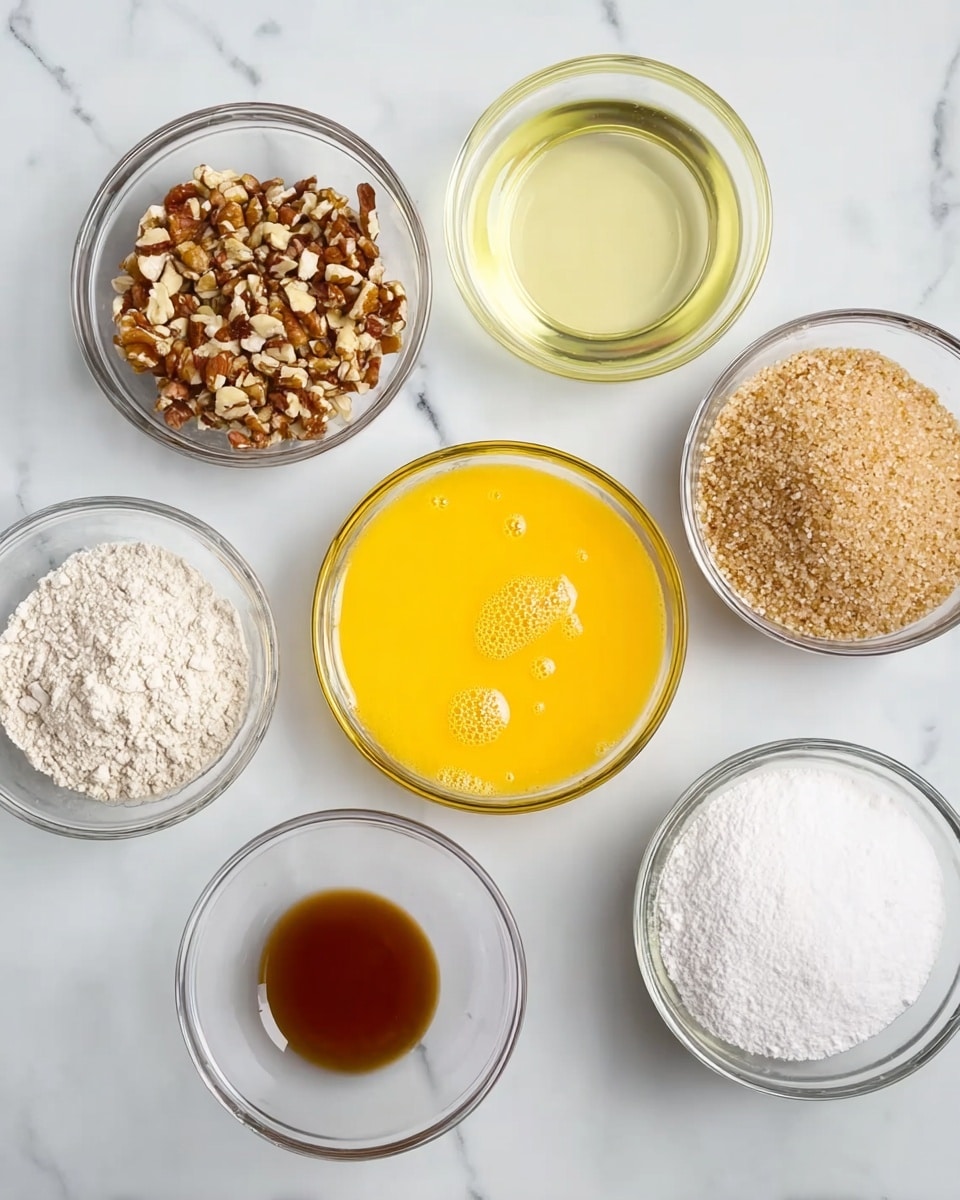The image shows seven clear glass bowls placed on a white marbled surface, each containing different ingredients. Starting from the top left and moving clockwise, the first bowl contains small chopped nuts with a mixture of brown and beige colors. Next to it is a bowl with a light yellow, clear liquid. The top right bowl holds a white powder, likely flour. Below that is a bowl filled with light brown sugar, showing a crumbly texture. In the bottom middle, there is a small bowl with a dark brown liquid. To the left of it is a bowl filled with white granulated sugar, and in the center is a bowl with a bright yellow, liquid mixture that seems to be beaten eggs with some bubbles on the surface. The bowls are evenly spaced and arranged neatly on the white marbled surface. photo taken with an iphone --ar 4:5 --v 7