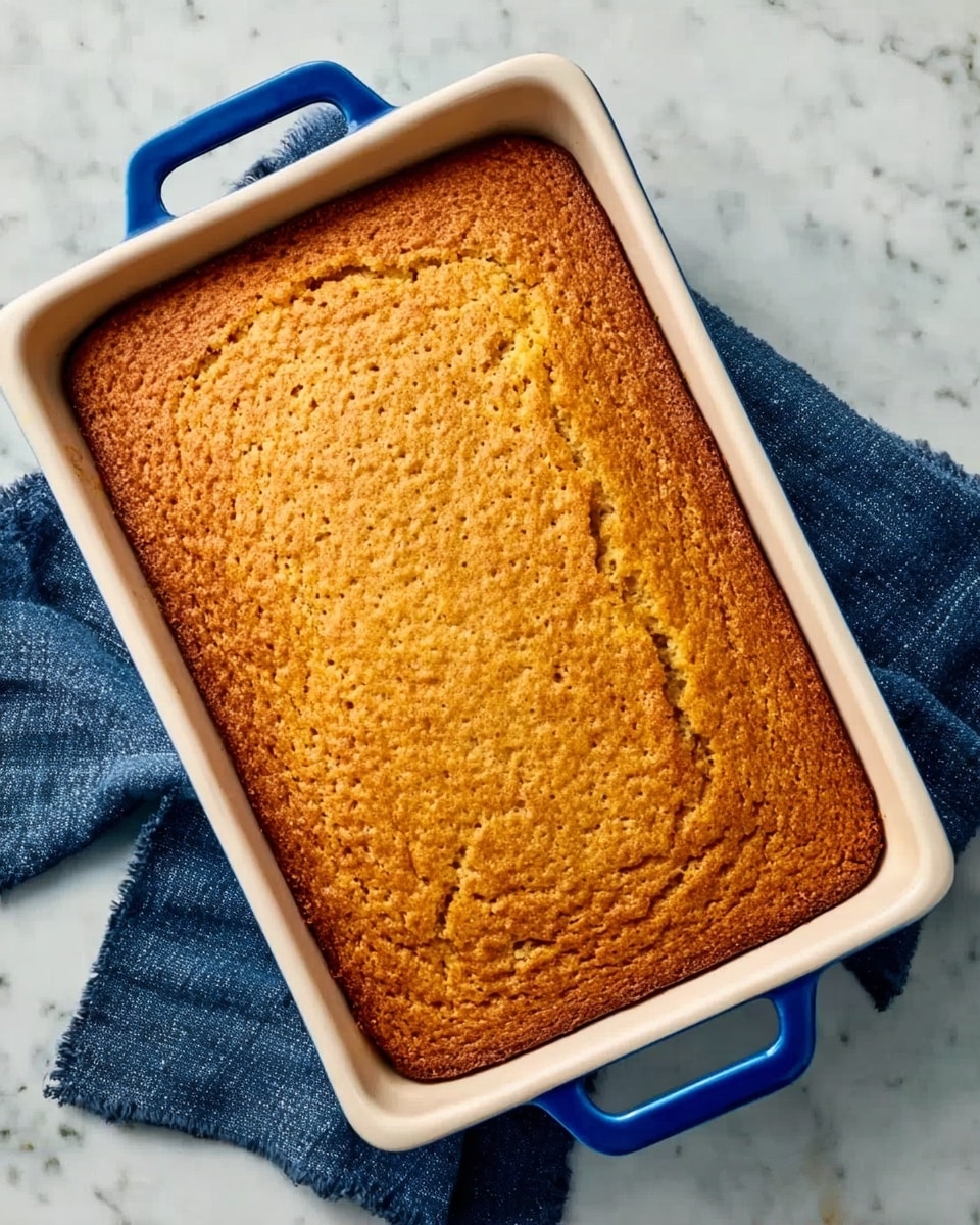 A large rectangular white ceramic baking dish filled with a single layer of golden brown baked cake that has a slightly rough and bumpy texture on the surface. The dish has blue handles on both sides and is placed on a white marbled surface, with a folded dark blue cloth underneath it. The cake looks soft and moist, filling the dish evenly from edge to edge. Photo taken with an iphone --ar 4:5 --v 7