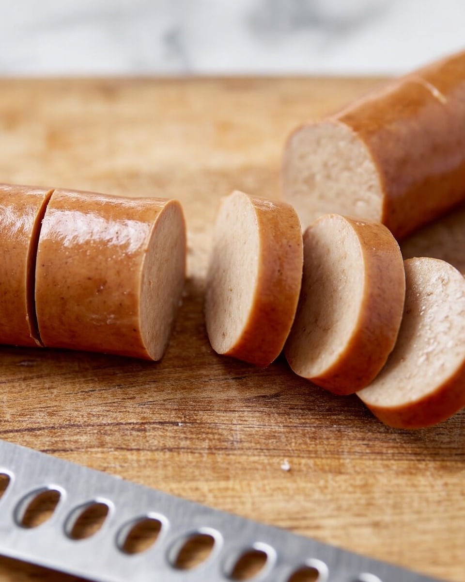 A close-up view shows a light brown sausage lying horizontally on a wooden cutting board with several even slices placed next to the main sausage piece. The sausage has a smooth and slightly shiny skin. Part of a silver knife with circular cutout patterns is visible at the bottom left of the image. The scene focuses tightly on the sausage and cutting board, with a white marbled texture background. photo taken with an iphone --ar 4:5 --v 7