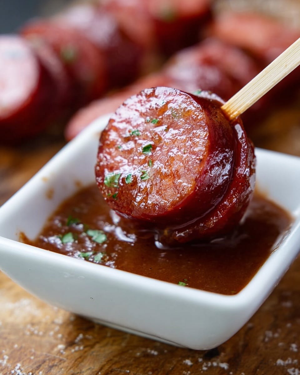 A close-up of three shiny, round slices of red sausage stacked on a wooden stick, dipped halfway into a thick, brown sauce in a small white square bowl. The sausage slices have a glistening texture with small green herb bits on top. In the background, there are more sausage slices slightly out of focus, all placed on a white marbled surface. Photo taken with an iphone --ar 4:5 --v 7