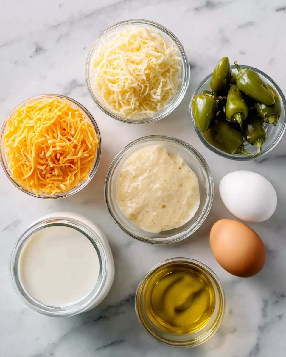 The image shows seven small clear glass bowls on a white marbled surface. One bowl is filled with bright orange shredded cheese, another with light yellow shredded cheese, and another with whole green jalapeños. There is a bowl with two light brown eggs, one with white powder, one with a smooth pale beige creamy sauce, one with yellow oil or dressing, and one with white milk-like liquid. The bowls are arranged loosely close to each other. photo taken with an iphone --ar 4:5 --v 7