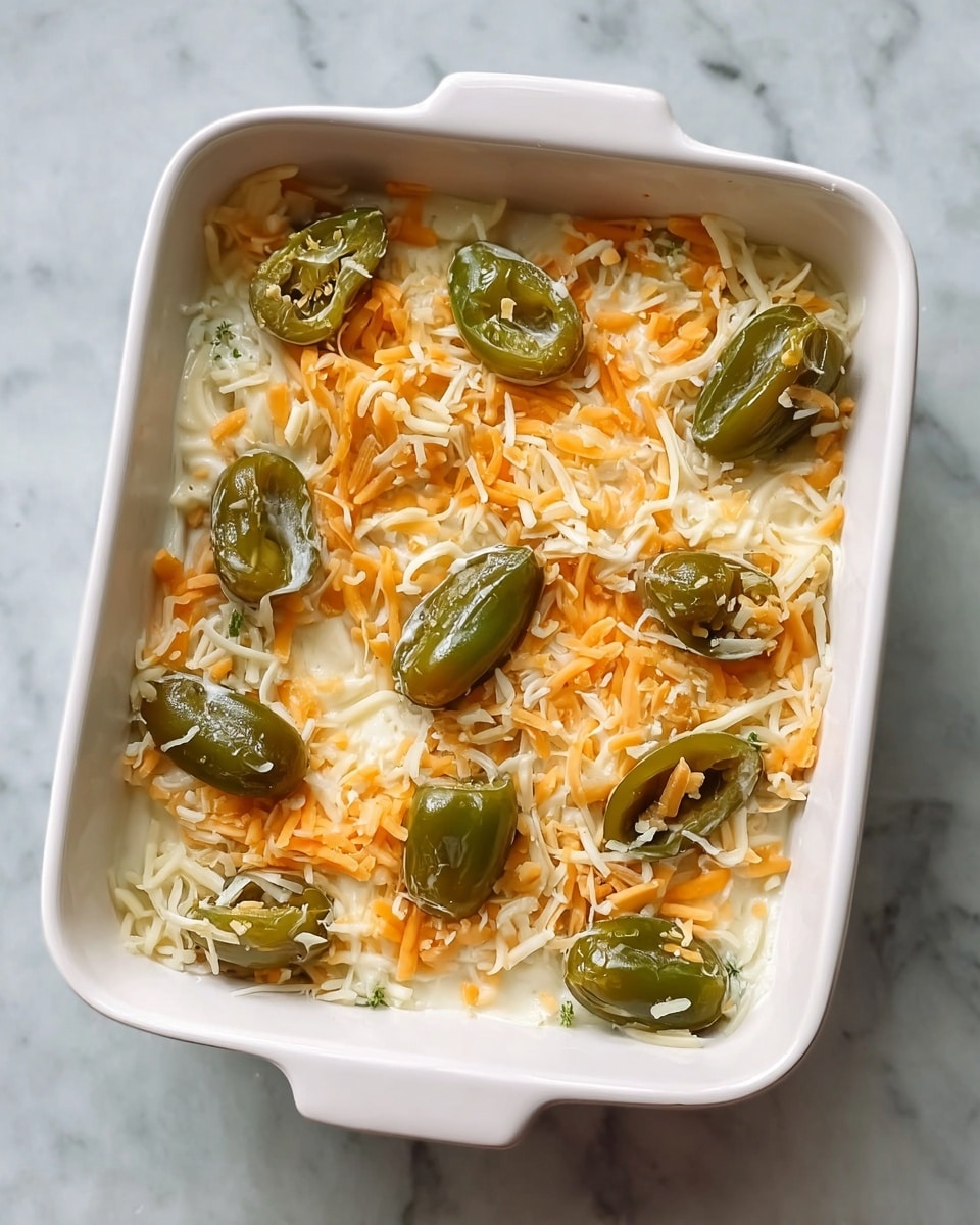 A square white baking dish filled with a creamy layer topped with shredded white and orange cheese. Scattered on top are several whole green peppers, arranged evenly across the cheese layer. The dish sits on a white marbled surface showing light gray veins. The textures of the cheese and peppers are fresh and slightly shiny. photo taken with an iphone --ar 4:5 --v 7