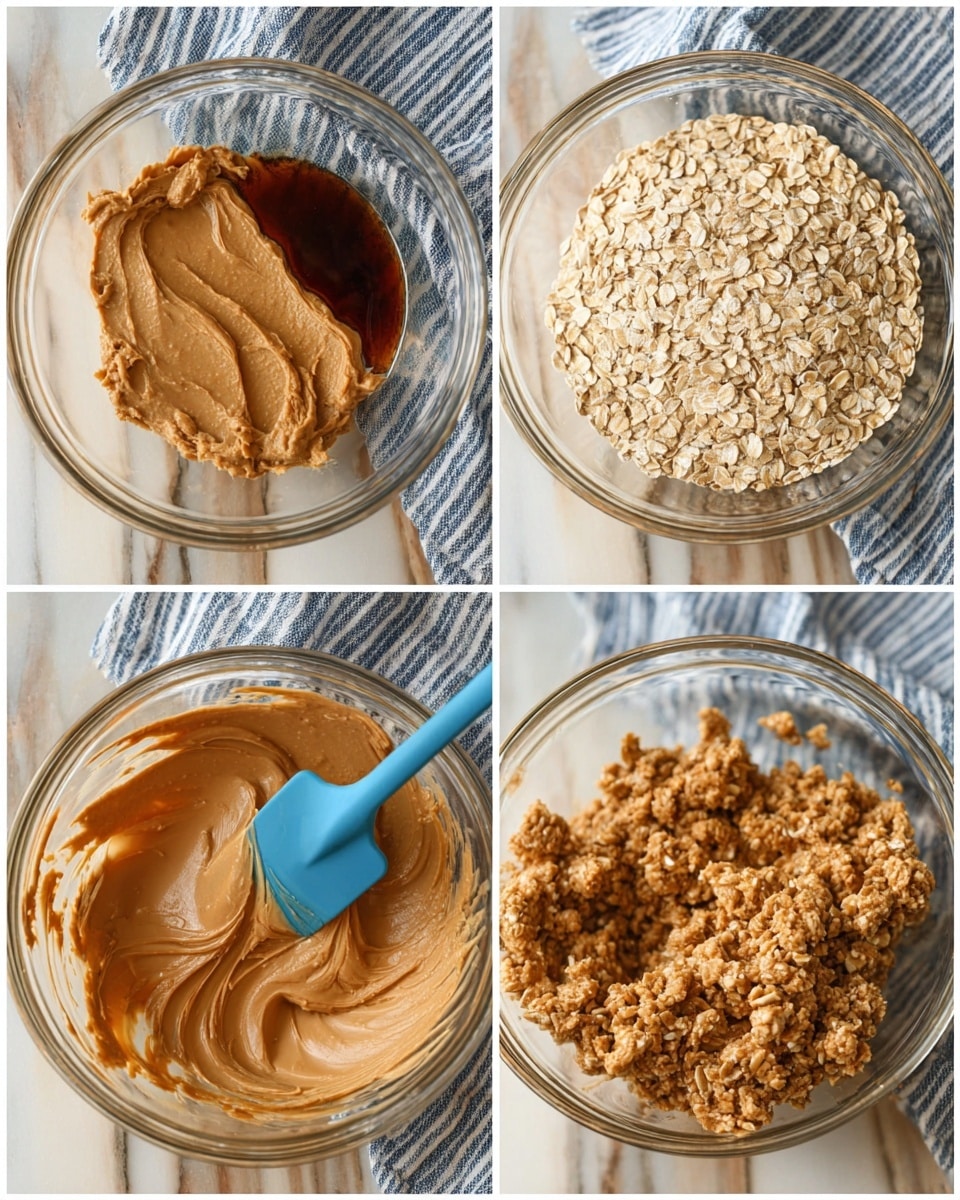 The image shows four steps in a recipe process with a clear glass bowl placed on a white marbled surface covered partially by a blue and white striped cloth. The first step shows a mix of thick, light brown peanut butter and dark amber syrup dolloped side by side in the bowl. The second step displays the peanut butter and syrup mixed together into a smooth, shiny, light brown creamy texture with a blue spatula resting in the bowl. The third step captures a large amount of dry, pale beige rolled oats being poured into the creamy mixture, the oats appearing loose and uneven in size. Finally, the fourth step reveals the combined ingredients forming a chunky, thick, golden brown oat mixture with the blue spatula partially buried inside it. The photo taken with an iphone --ar 4:5 --v 7