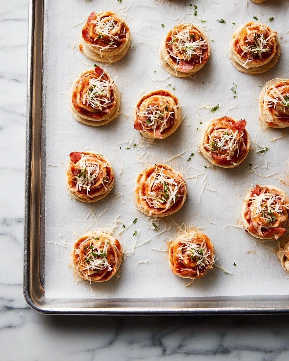 The image shows a metal tray lined with white parchment paper on a white marbled surface, holding fifteen small, round pizza rolls spaced evenly in a 3 by 5 grid. Each pizza roll has a light dough base rolled into a spiral shape, layered with a reddish-orange sauce, thin slices of pinkish-red meat, and topped with small pieces of white shredded cheese. Tiny green herbs are sprinkled lightly across all the rolls and some on the parchment paper as well. The overall look is neat and organized with a focus on the spiraled, colorful layers of each pizza roll, ready to be baked. photo taken with an iphone --ar 4:5 --v 7