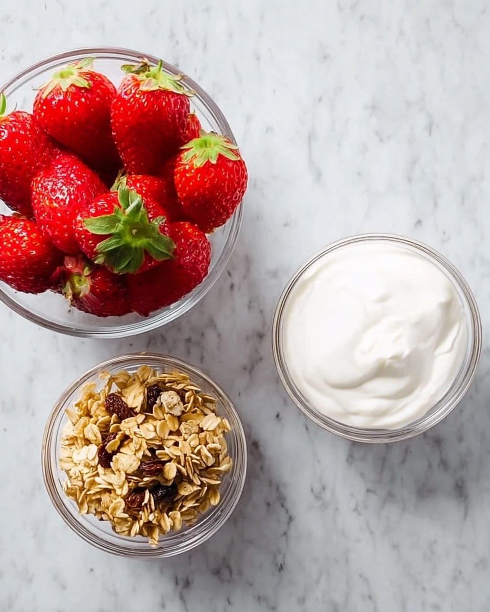 The image shows three small clear glass bowls on a white marbled surface. The top-left bowl is filled with fresh red strawberries with green leaves. The bottom-middle bowl contains light brown granola with clusters and some raisins. The top-right bowl holds thick white yogurt with a smooth texture. Each bowl is shown from above, highlighting the color and texture of the ingredients. Photo taken with an iphone --ar 4:5 --v 7