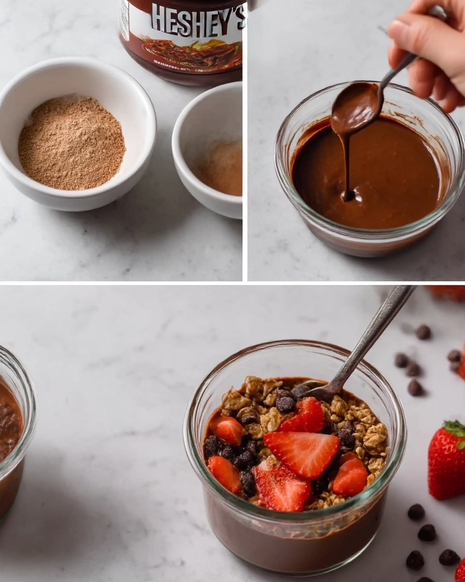 The first part shows a small white bowl with a brown powder on top of a light beige powder, placed on a white marbled surface with a Hershey's cocoa container in the back. The second part features a glass white bowl filled with smooth dark brown chocolate mixture being stirred with a spoon held by a woman's hand. The third part shows a glass white bowl filled with a dark chocolate pudding topped with strawberry slices, granola, and a spoon inside the bowl, all on a white marbled surface with some strawberries and chocolate chips around. Photo taken with an iphone --ar 4:5 --v 7