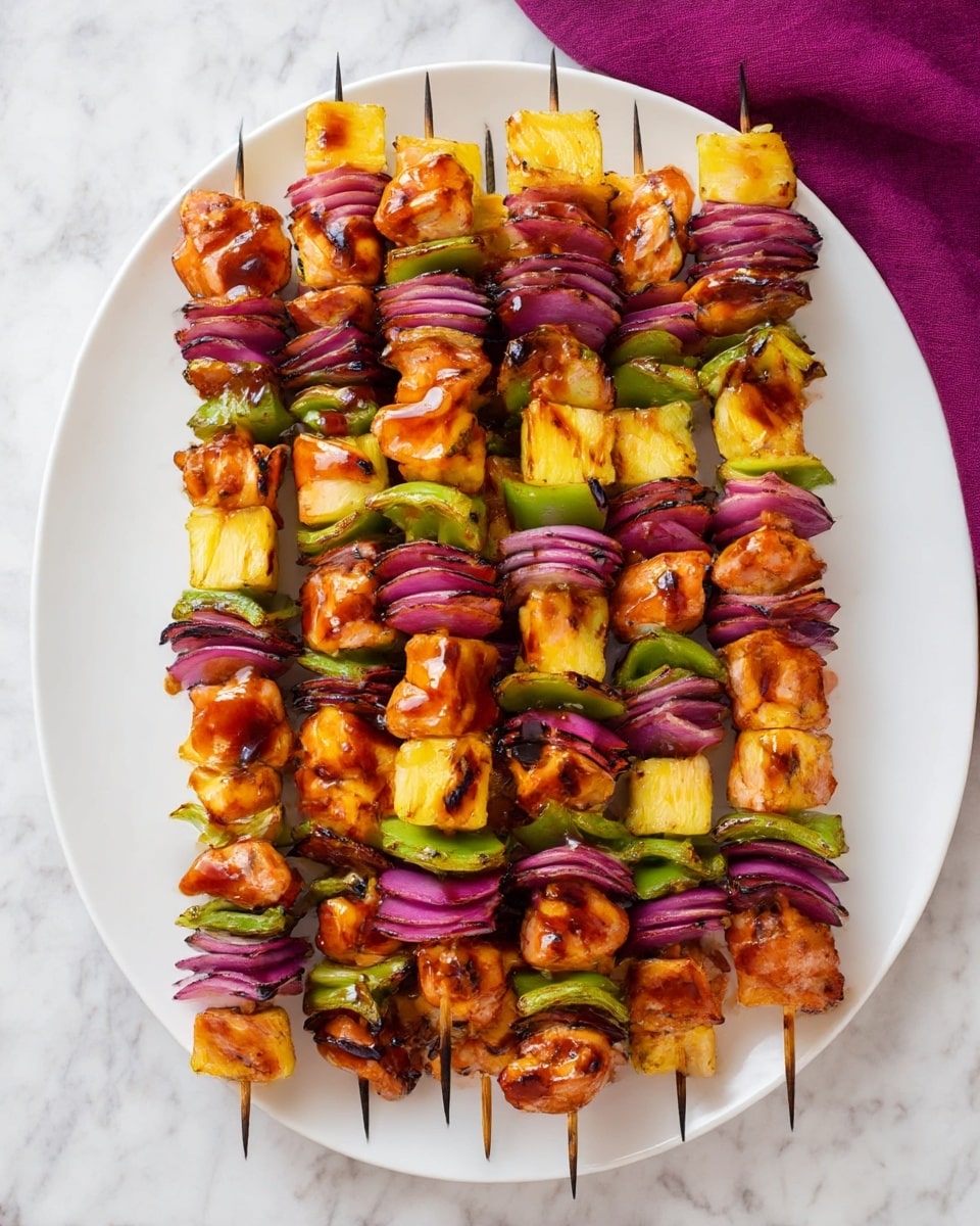The image shows seven grilled skewers neatly placed on a white plate over a white marbled surface. Each skewer has five layers of food items stacked in a repeating pattern: shiny, grilled orange-brown chicken pieces, bright yellow pineapple chunks with slight charring, green bell pepper pieces, and purple-red onion wedges. The chicken pieces have a glossy glaze with grill marks, making them look juicy and flavorful. The skewers are aligned parallel, and a purple cloth is partly visible on the upper right side of the frame. photo taken with an iphone --ar 4:5 --v 7