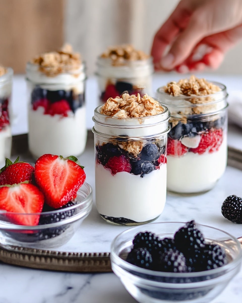 The image shows several small glass jars with a three-layered dessert. The bottom layer is smooth white yogurt, the middle layer is a mix of dark blue blueberries and red raspberries, and the top layer is white yogurt with a few berries embedded, topped with light brown granola clusters. The jars are placed on a round metallic tray with a white marbled background. Two clear glass bowls with blackberries and sliced strawberries are in the foreground. A woman's hand reaches toward a strawberry bowl. Photo taken with an iphone --ar 4:5 --v 7