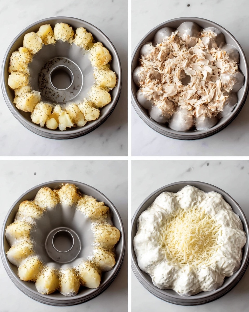 A gray bundt pan sits on a white marbled surface, shown in four steps of layering food inside it. The first layer consists of small yellowish potato pieces arranged neatly around the pan’s center hole, sprinkled with herbs. The second layer adds light brown shredded chicken on top of the potatoes, spreading evenly. The third layer covers the chicken and potatoes with a thick, creamy white sauce spread smoothly across the entire surface. The fourth and final layer sprinkles a generous amount of finely grated pale yellow cheese over the creamy sauce, filling most of the pan’s space. photo taken with an iphone --ar 4:5 --v 7