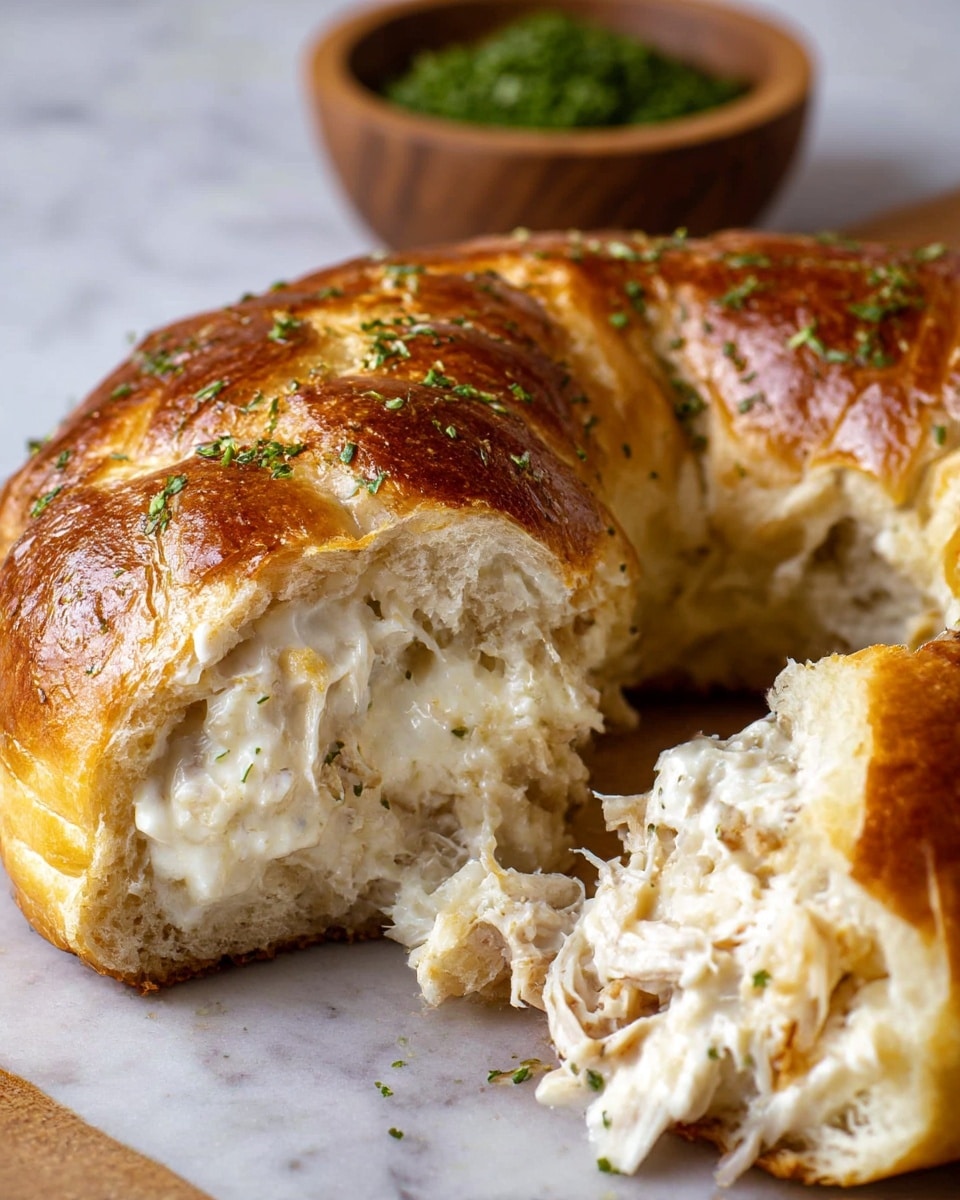 A close-up of a round bread ring with a shiny, golden brown crust topped with small green herb sprinkles, showing a thick creamy white filling mixed with shredded white meat inside, with soft pieces of bread pulled open at the front. The bread looks soft inside with a slightly crispy outside. In the background, a small wooden bowl filled with green herbs sits on a white marbled surface. Photo taken with an iphone --ar 4:5 --v 7
