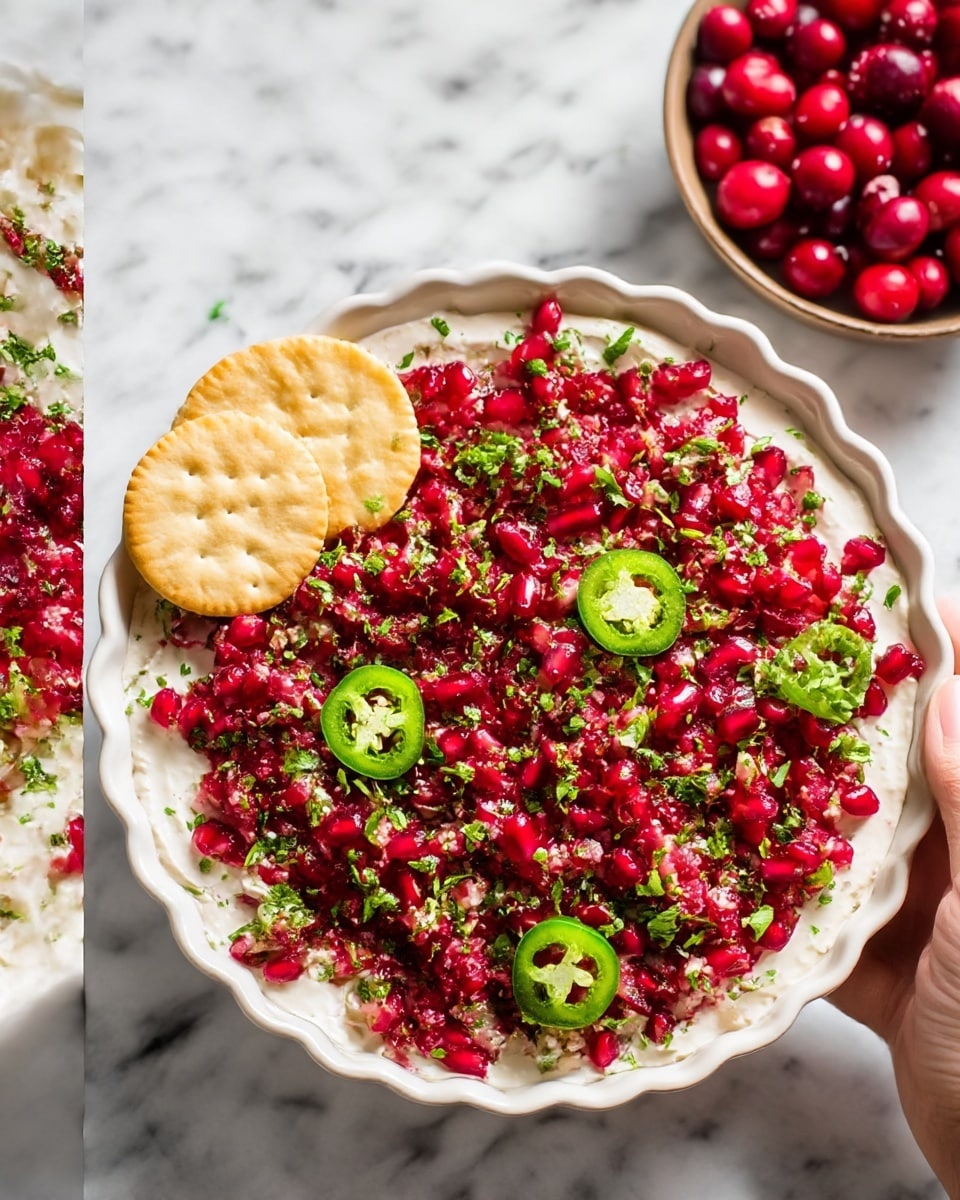 The dish is served in a shallow white ceramic bowl with a scalloped edge, placed on a white marbled surface. It consists of two main layers: the bottom layer is smooth and creamy white, evenly spread to cover the base of the bowl. On top is a thick, coarse layer of finely chopped bright red pomegranate seeds mixed with green herbs, giving a fresh and textured look. Scattered across the top are a few thin slices of fresh green jalapeño pepper, adding contrast in color. In one part of the bowl, two round, pale golden crackers are partially embedded in the mix. The background shows a small bowl filled with whole red cranberries and some green herbs. A woman's hand is gently holding the bowl from the right side. photo taken with an iphone --ar 4:5 --v 7