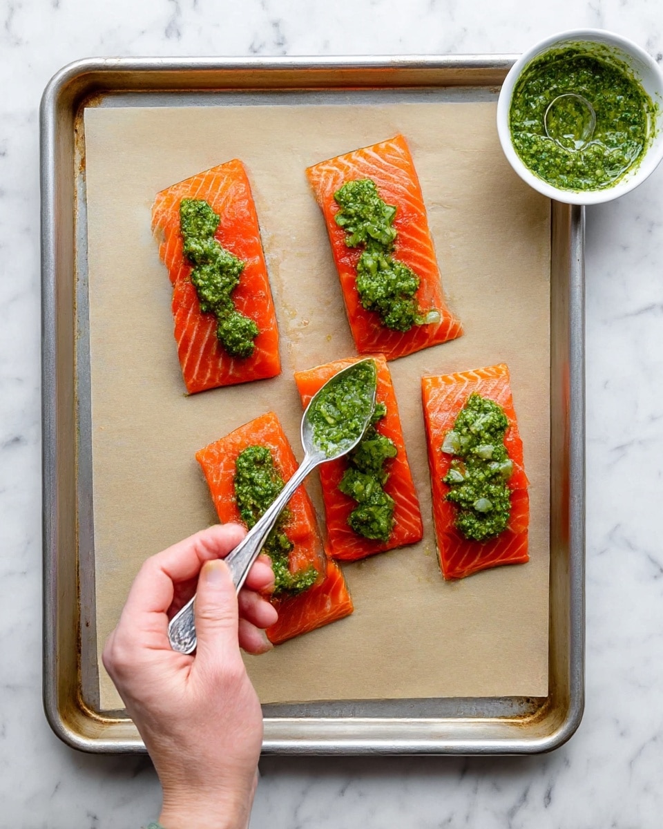 Four pieces of bright orange salmon fillets lie on a parchment-lined baking tray with a metallic rim. Each piece has scattered dollops of thick green pesto sauce on top, some spread thinly while others are in small chunks. A woman's hand holds a silver spoon, placing more green pesto on the salmon at the bottom left. In the top right corner, a small white bowl filled with extra green pesto is visible. The tray rests on a white marbled surface. photo taken with an iphone --ar 4:5 --v 7