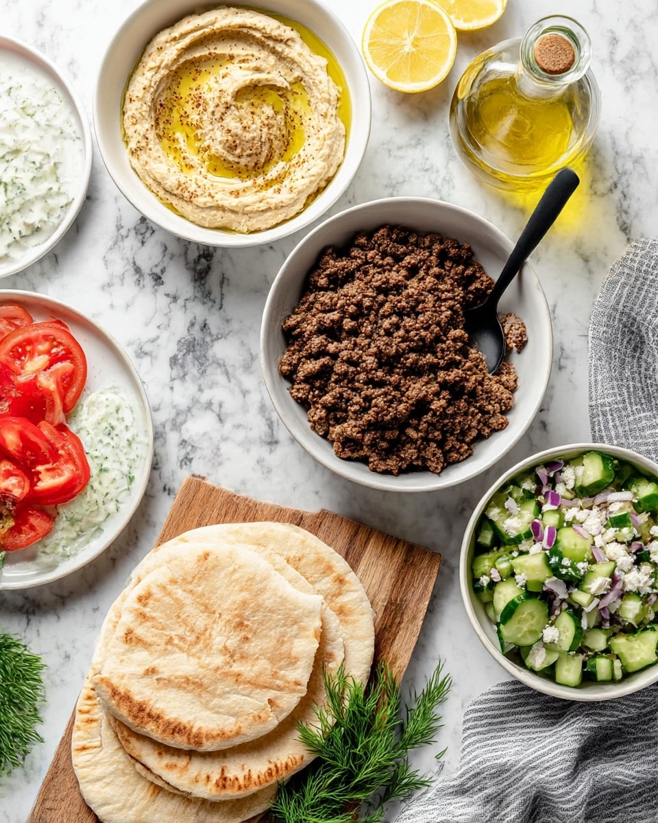 The image shows a white bowl filled with cooked ground beef, dark brown and crumbly, with a black spoon inside it. Next to the beef, there is another white bowl with creamy hummus, light tan in color, topped with olive oil, some spices, and chopped green herbs. Near it, a smaller white bowl contains a fresh cucumber salad with bright green cucumber cubes, thin slices of purple onion, white cheese crumbles, and chopped green herbs, along with a black spoon. On a wooden board in the front, four pale tan pita breads are stacked neatly, with some fresh green herbs beside them. To the left, there is a white plate with red tomato slices and a white bowl with light green tzatziki sauce, garnished with fresh dill. There is also a glass bottle filled with golden olive oil and a small white plate holding lemon wedges. The whole setup is on a white marbled surface, with a gray striped cloth nearby. Photo taken with an iphone --ar 4:5 --v 7