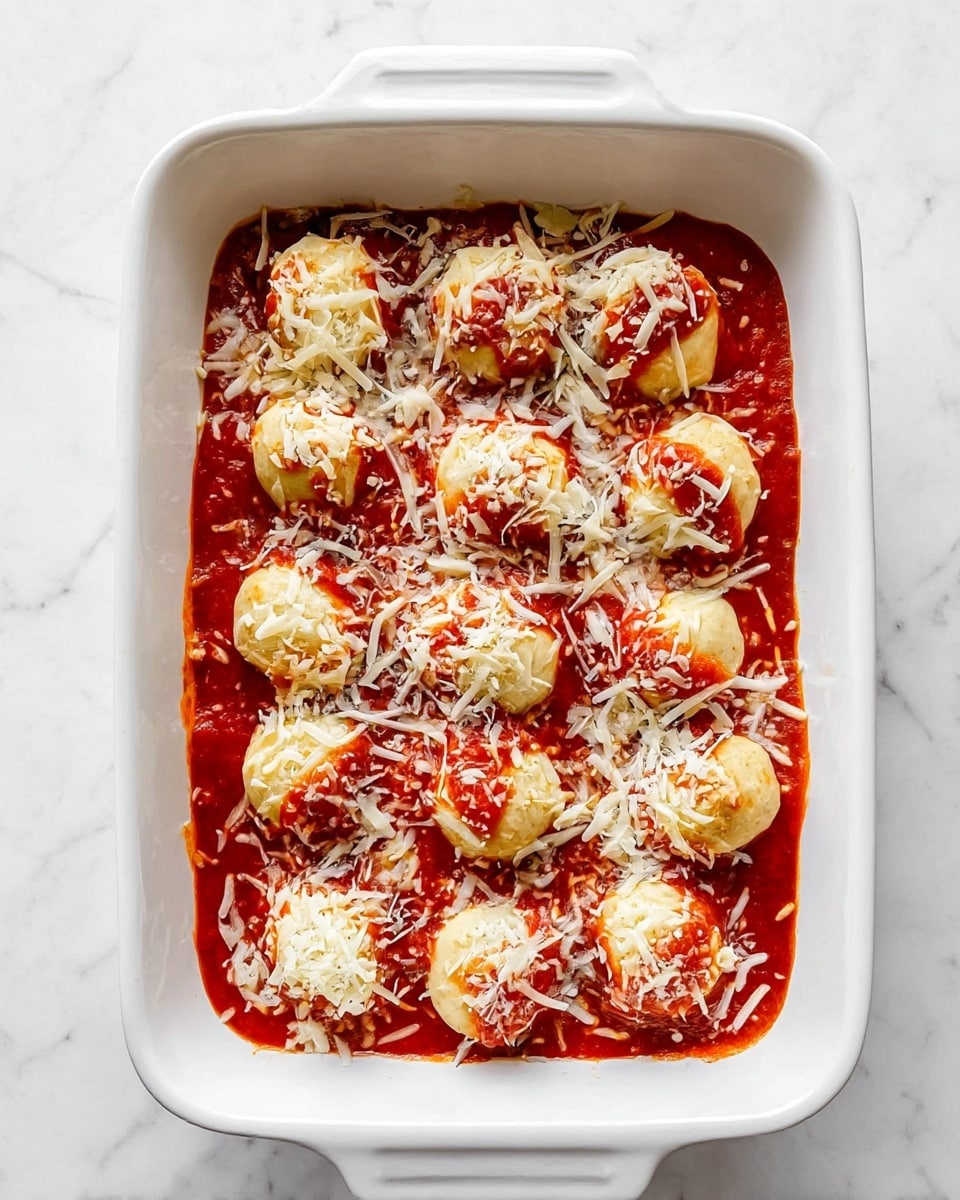 A white rectangular baking dish filled with several small round dough balls arranged in a single layer, each topped with bright red tomato sauce and sprinkled with shredded white cheese. The dough balls are partly covered by the sauce, giving a mix of golden dough and vivid red color, while the white cheese adds a textured, slightly melted look scattered evenly on top. The dish is placed on a white marbled surface. photo taken with an iphone --ar 4:5 --v 7